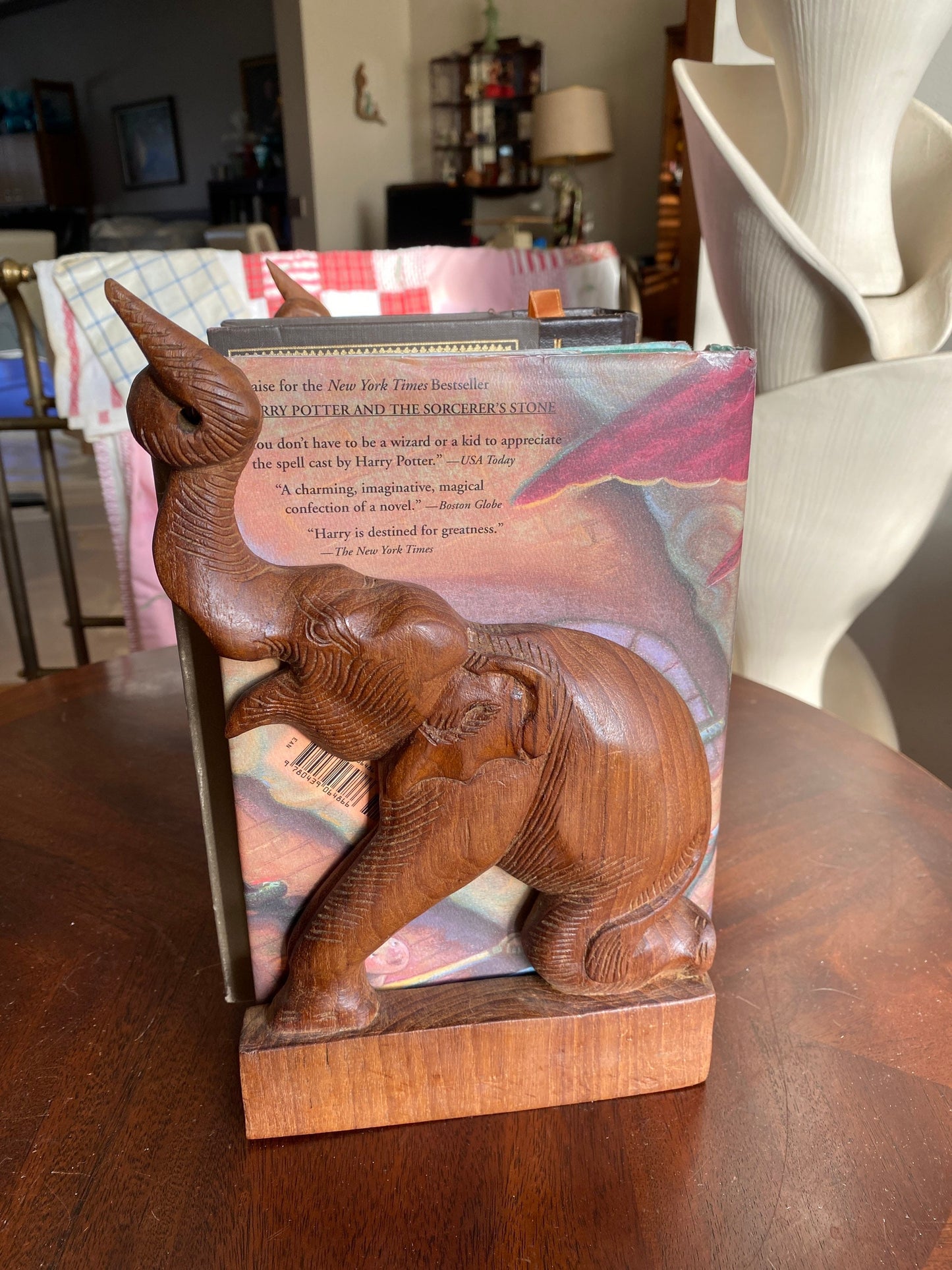 Elephant Bookends, Trunks Up, Hand Carved Wood Bookend, Vintage Elephant Figure, Boho, Mid Century