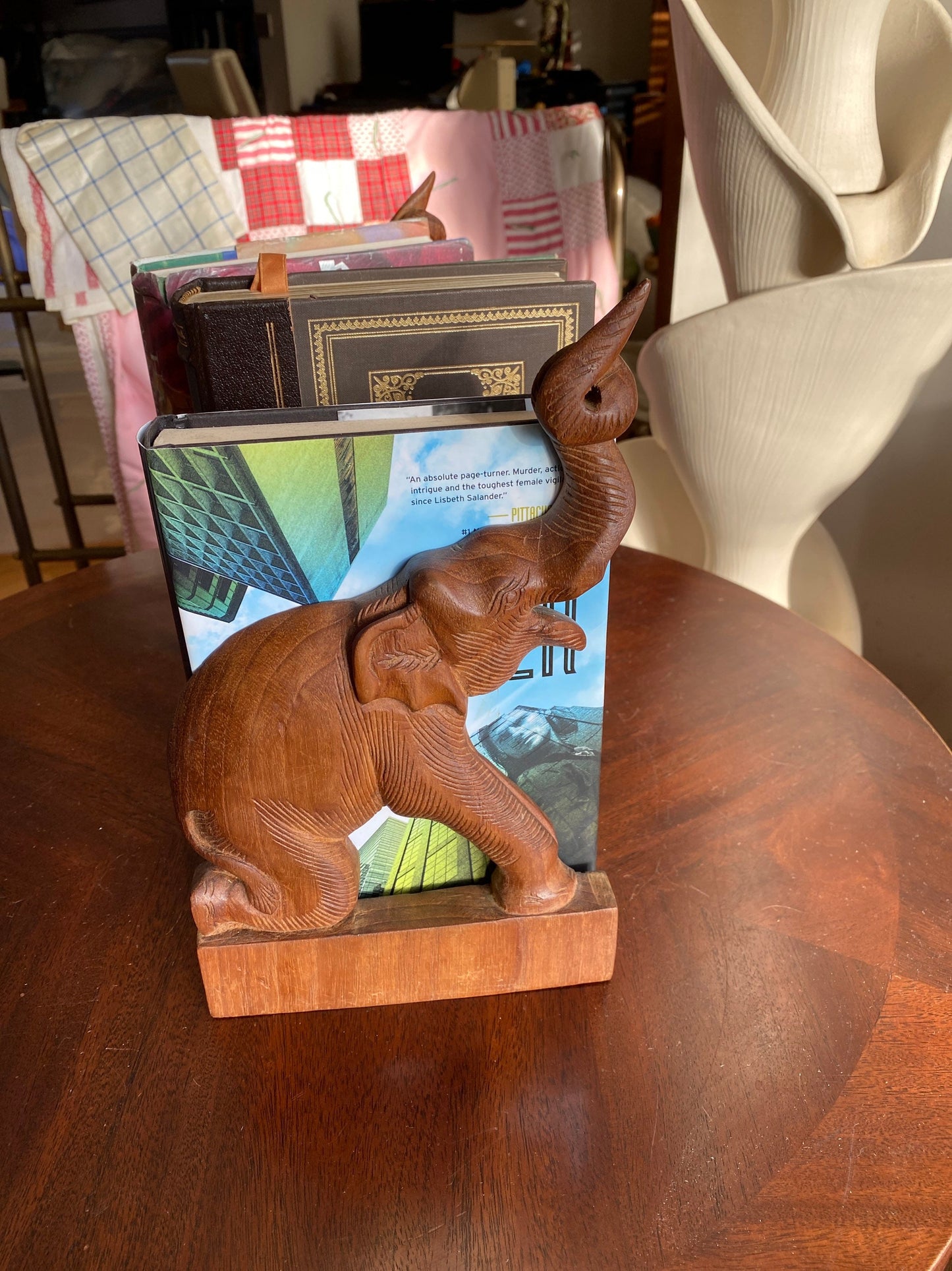 Elephant Bookends, Trunks Up, Hand Carved Wood Bookend, Vintage Elephant Figure, Boho, Mid Century