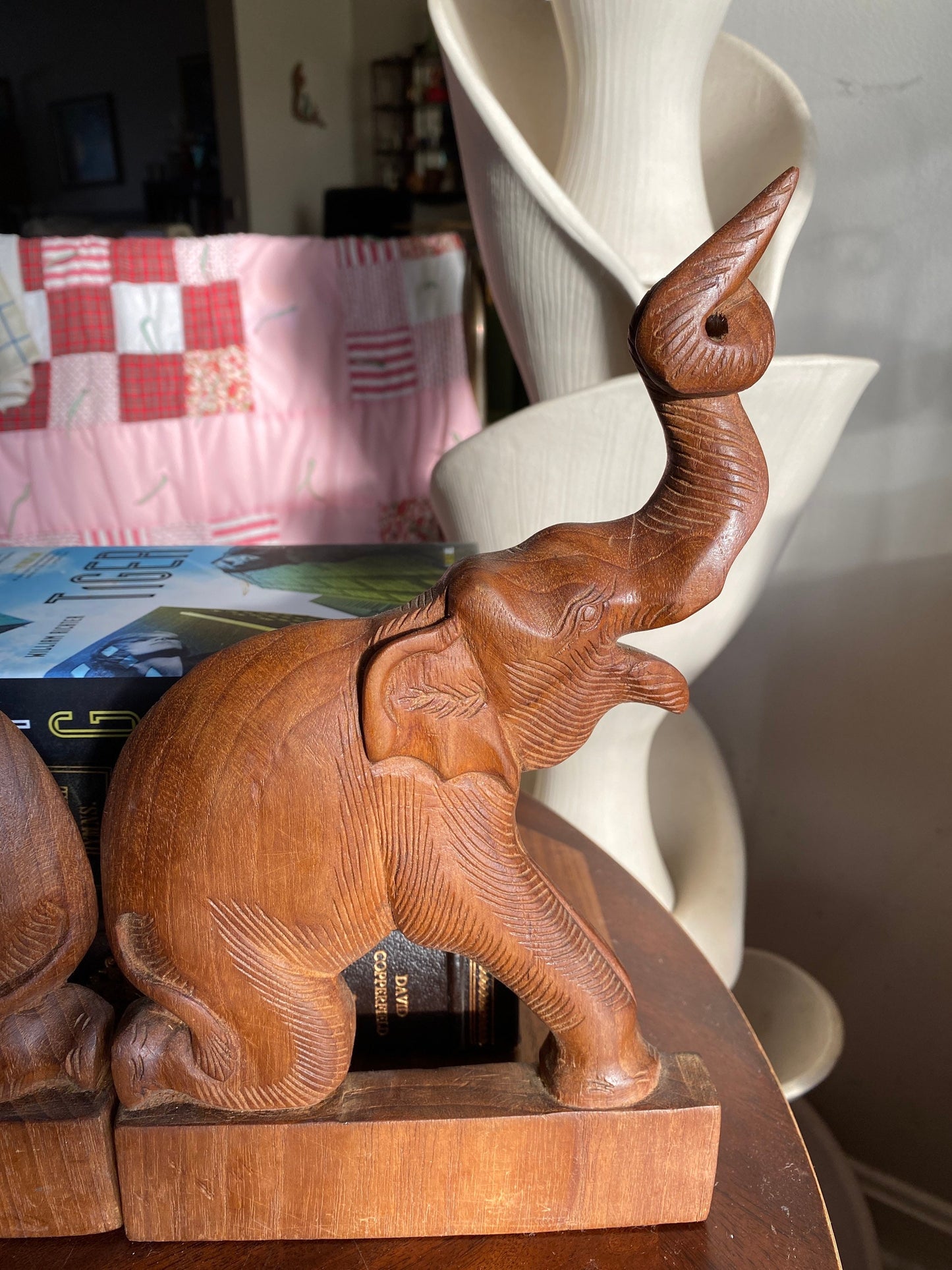 Elephant Bookends, Trunks Up, Hand Carved Wood Bookend, Vintage Elephant Figure, Boho, Mid Century