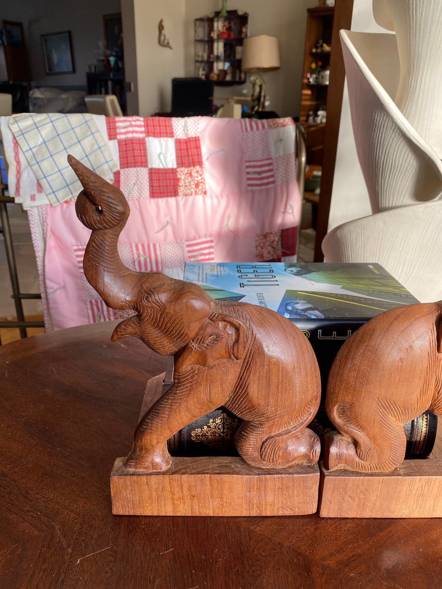 Elephant Bookends, Trunks Up, Hand Carved Wood Bookend, Vintage Elephant Figure, Boho, Mid Century