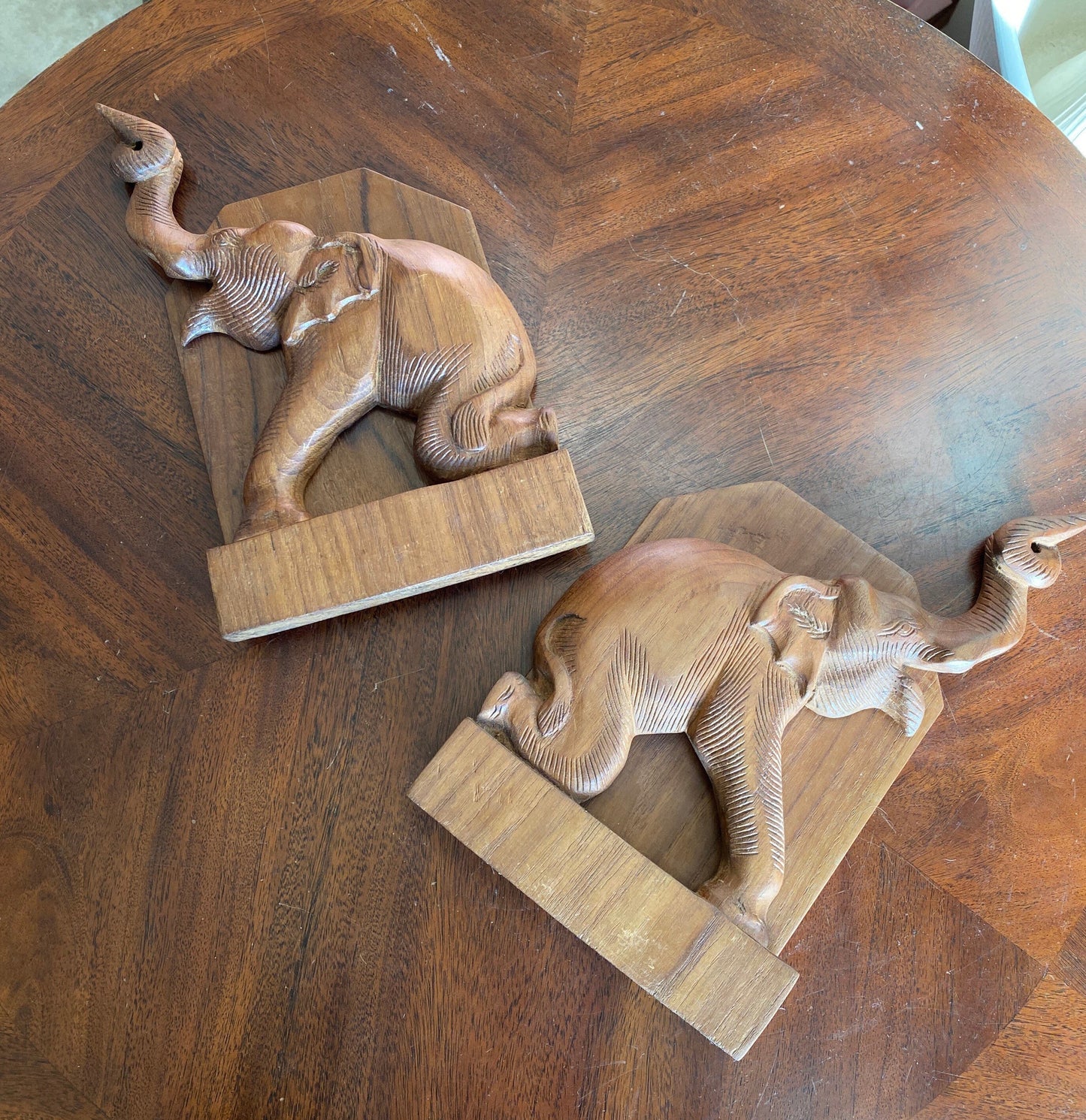 Elephant Bookends, Trunks Up, Hand Carved Wood Bookend, Vintage Elephant Figure, Boho, Mid Century