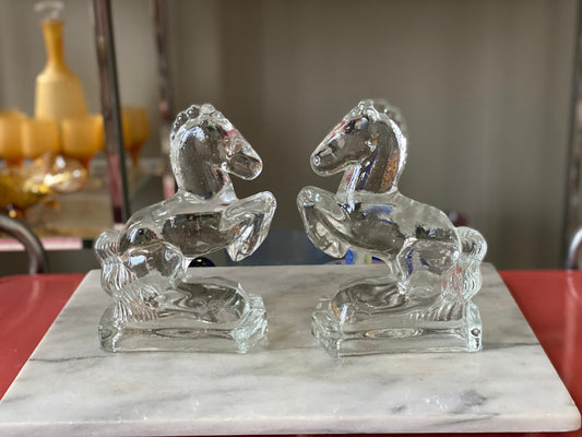 Vintag LE Smith - Glass Horse Book- Ends, A pair of Galloping Horses | 1950s | Clear Glass Horse Bookends | 8”H