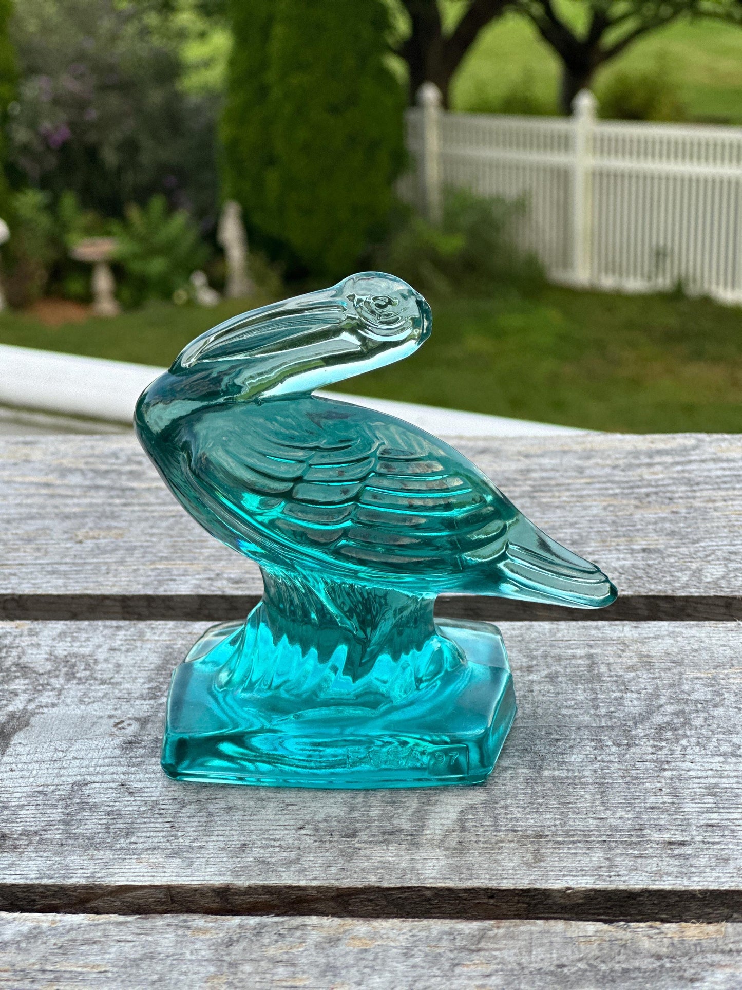 VTG Aqua Fostoria Glass Pelican Paperweight Bookend  - FGSA97