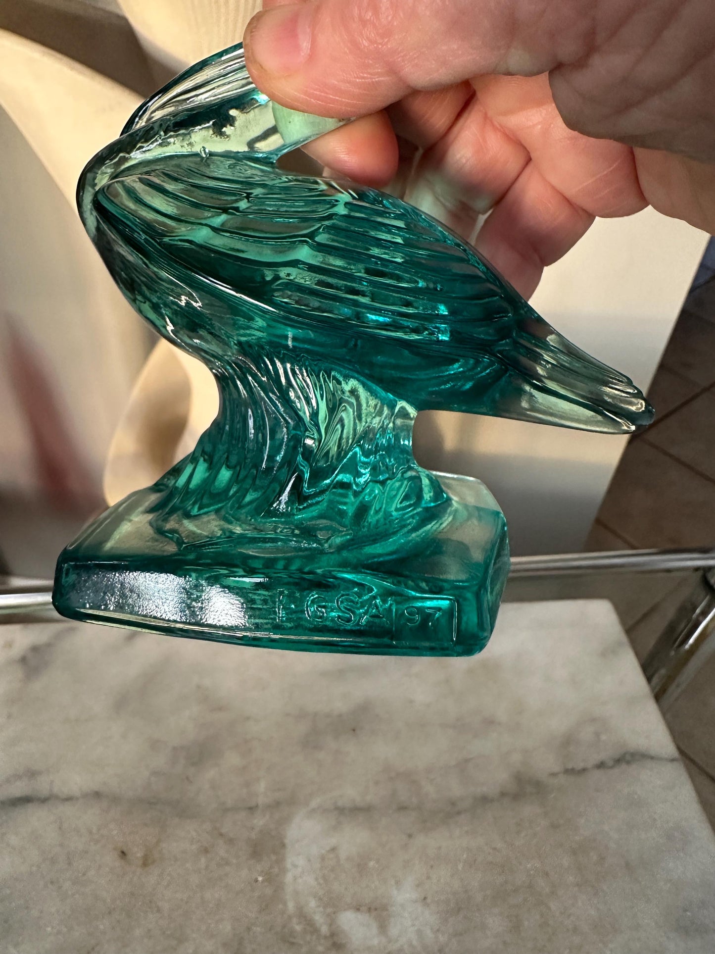 VTG Aqua Fostoria Glass Pelican Paperweight Bookend  - FGSA97