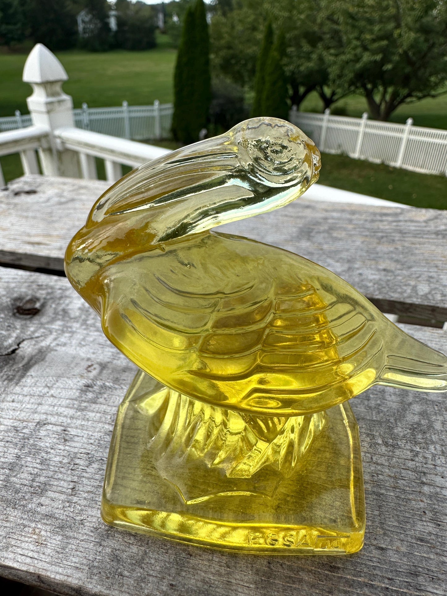 VTG Yellow Fostoria Glass Pelican Paperweight Bookend