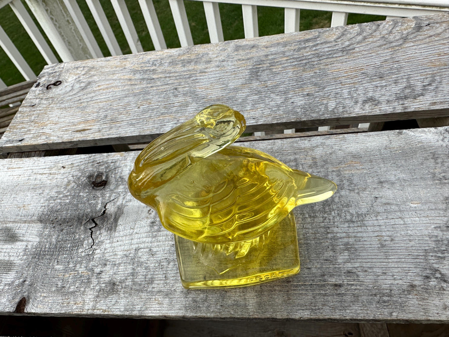 VTG Yellow Fostoria Glass Pelican Paperweight Bookend
