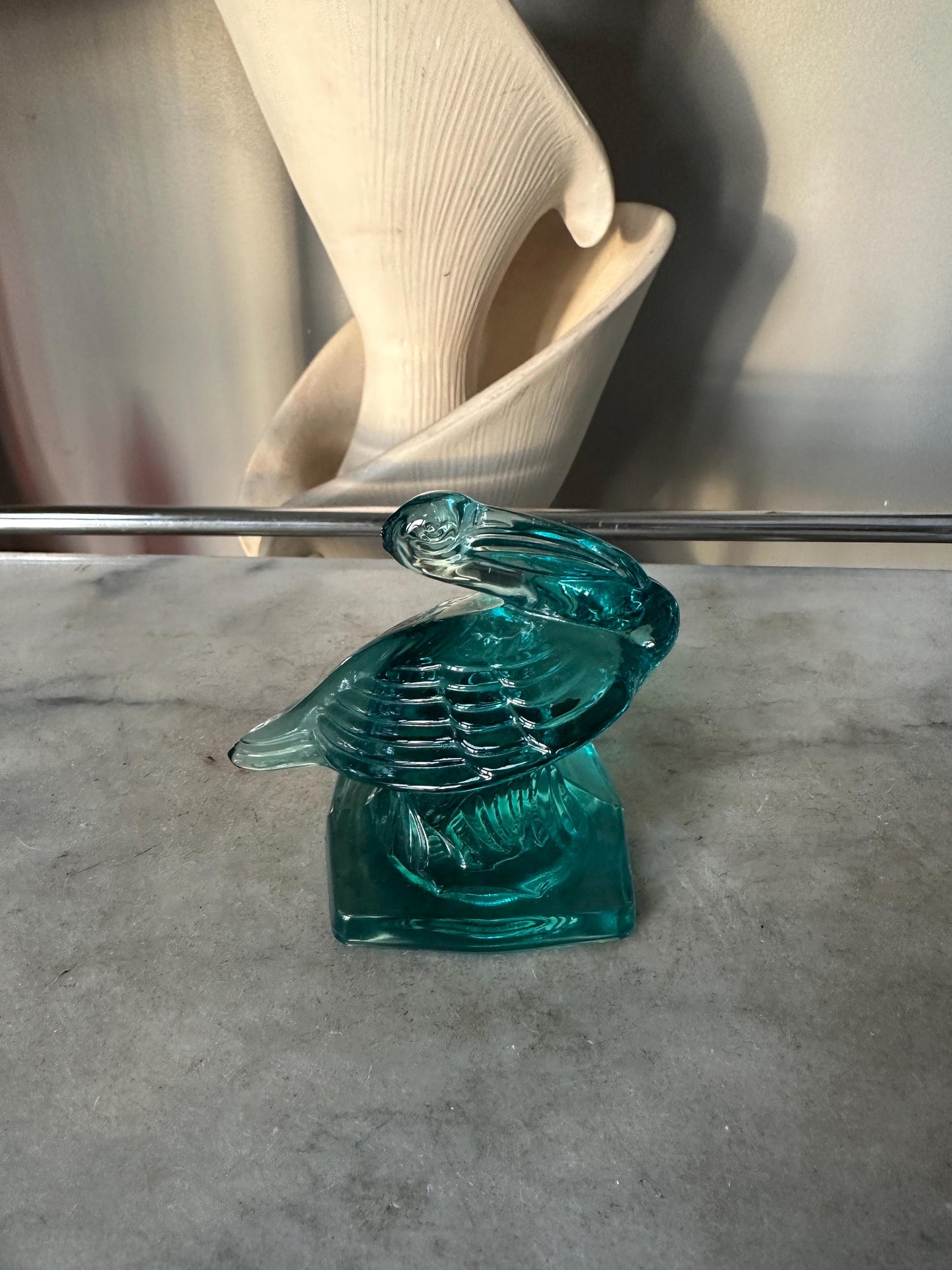 VTG Aqua Fostoria Glass Pelican Paperweight Bookend  - FGSA97
