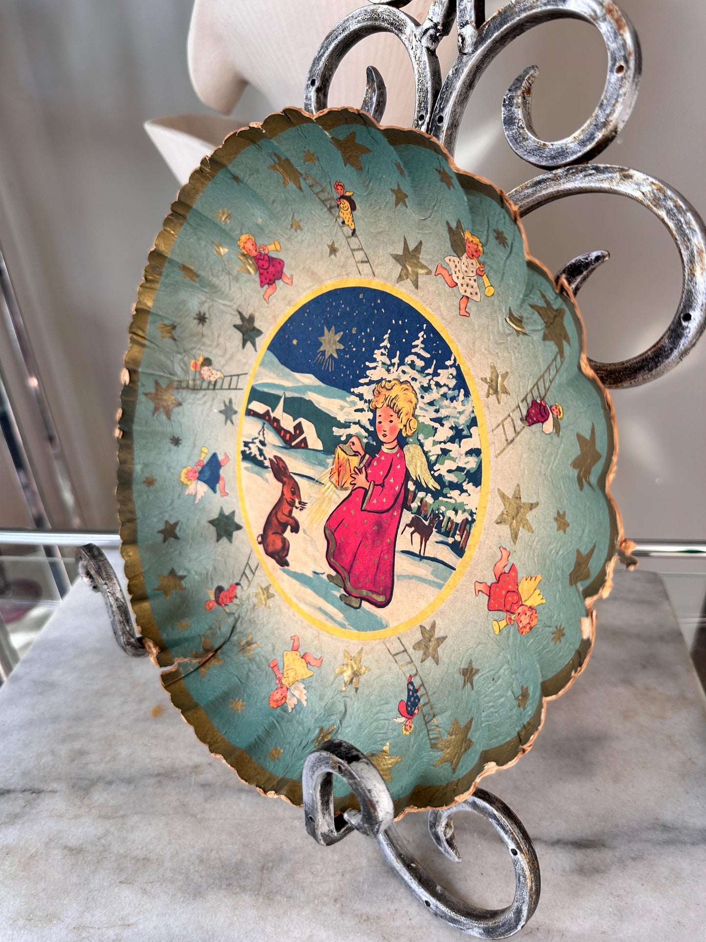 Mid-Century German Pressed Paper Bowl, Bunter Teller Christmas Decor