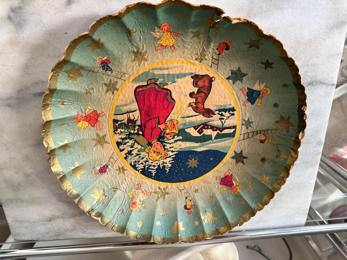 Mid-Century German Pressed Paper Bowl, Bunter Teller Christmas Decor