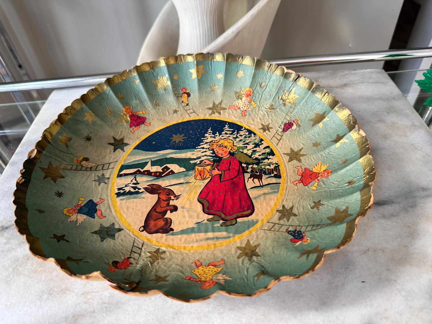 Mid-Century German Pressed Paper Bowl, Bunter Teller Christmas Decor