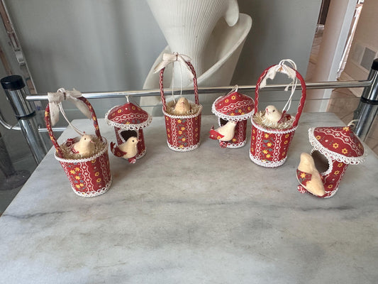 Vintage 1970s Birdhouse Ornaments Set – Flocked Fabric Birds, Chenille Accents, Japan Holiday Decor