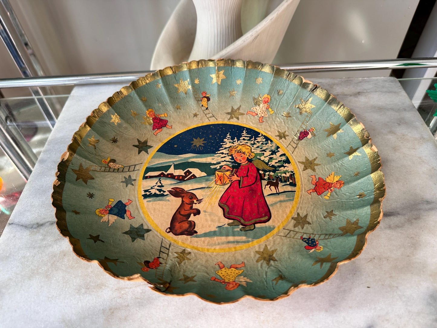 Mid-Century German Pressed Paper Bowl, Bunter Teller Christmas Decor