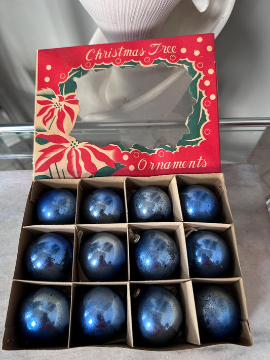 Vintage Blue Mercury Glass Christmas Ornaments – Set of 12 – Made in Japan – Original Box – 1.75” – Poinsettia Graphics – True Vintage Find