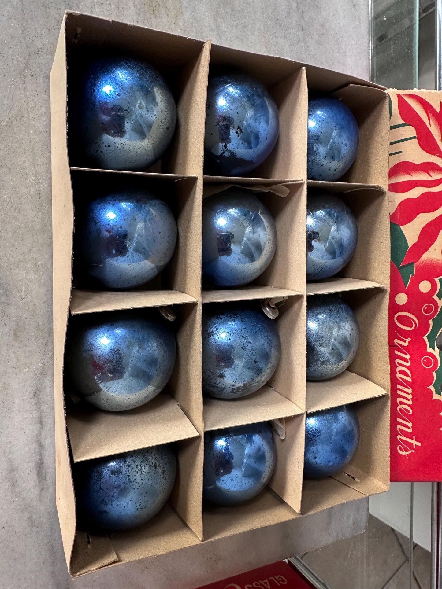 Vintage Blue Mercury Glass Christmas Ornaments – Set of 12 – Made in Japan – Original Box – 1.75” – Poinsettia Graphics – True Vintage Find