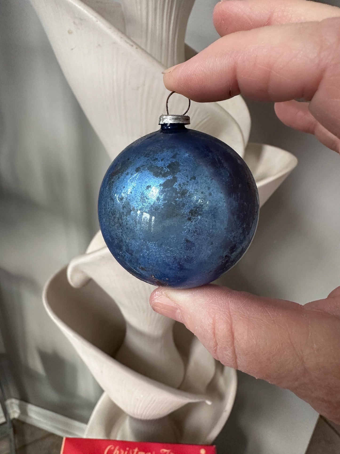 Vintage Blue Mercury Glass Christmas Ornaments – Set of 12 – Made in Japan – Original Box – 1.75” – Poinsettia Graphics – True Vintage Find