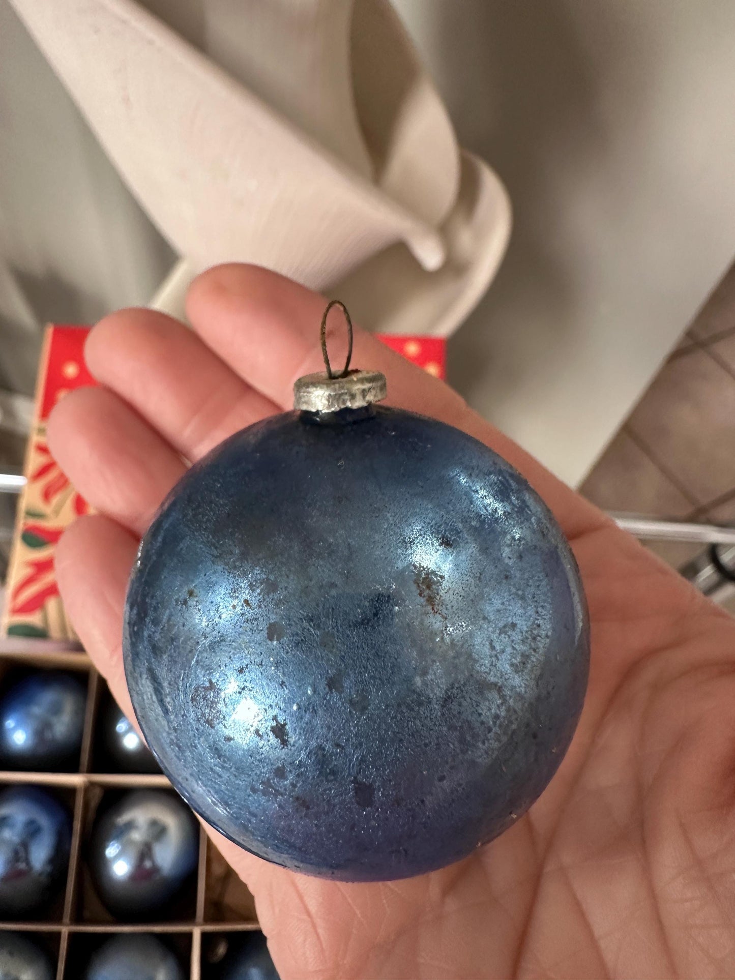 Vintage Blue Mercury Glass Christmas Ornaments – Set of 12 – Made in Japan – Original Box – 1.75” – Poinsettia Graphics – True Vintage Find