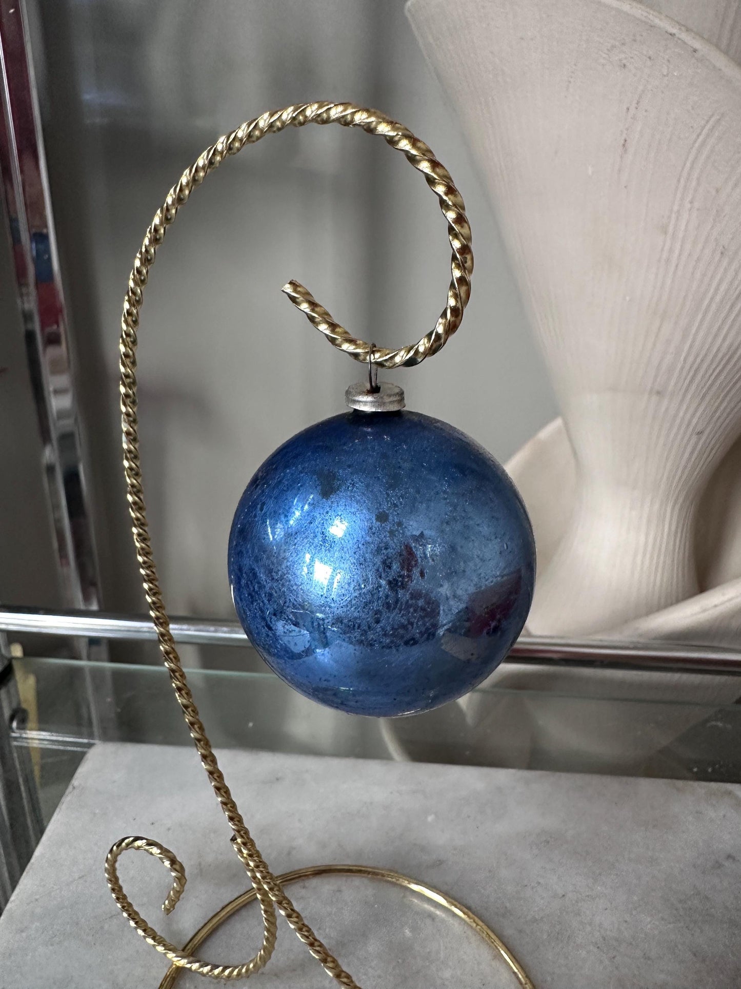 Vintage Blue Mercury Glass Christmas Ornaments – Set of 12 – Made in Japan – Original Box – 1.75” – Poinsettia Graphics – True Vintage Find