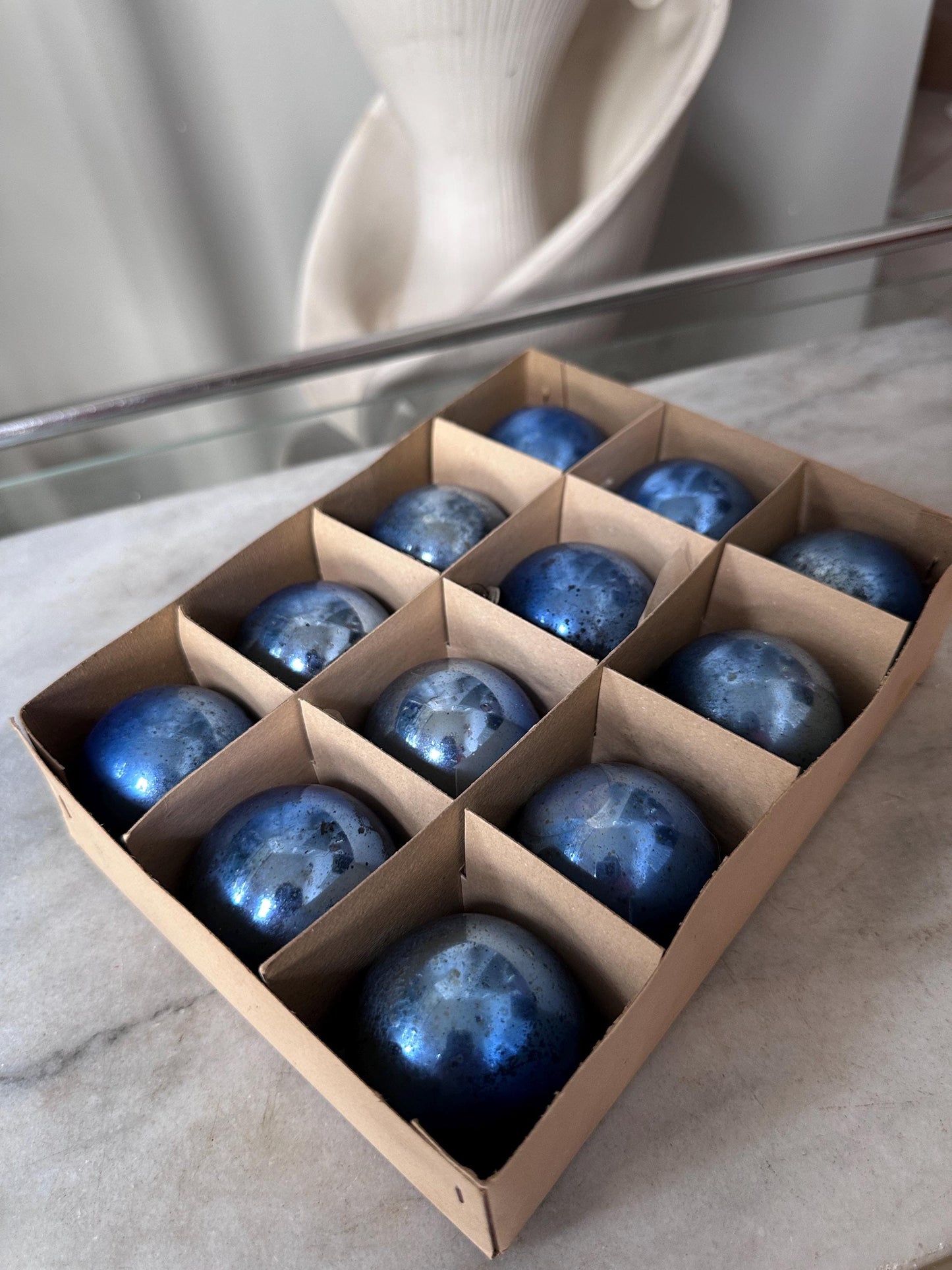 Vintage Blue Mercury Glass Christmas Ornaments – Set of 12 – Made in Japan – Original Box – 1.75” – Poinsettia Graphics – True Vintage Find