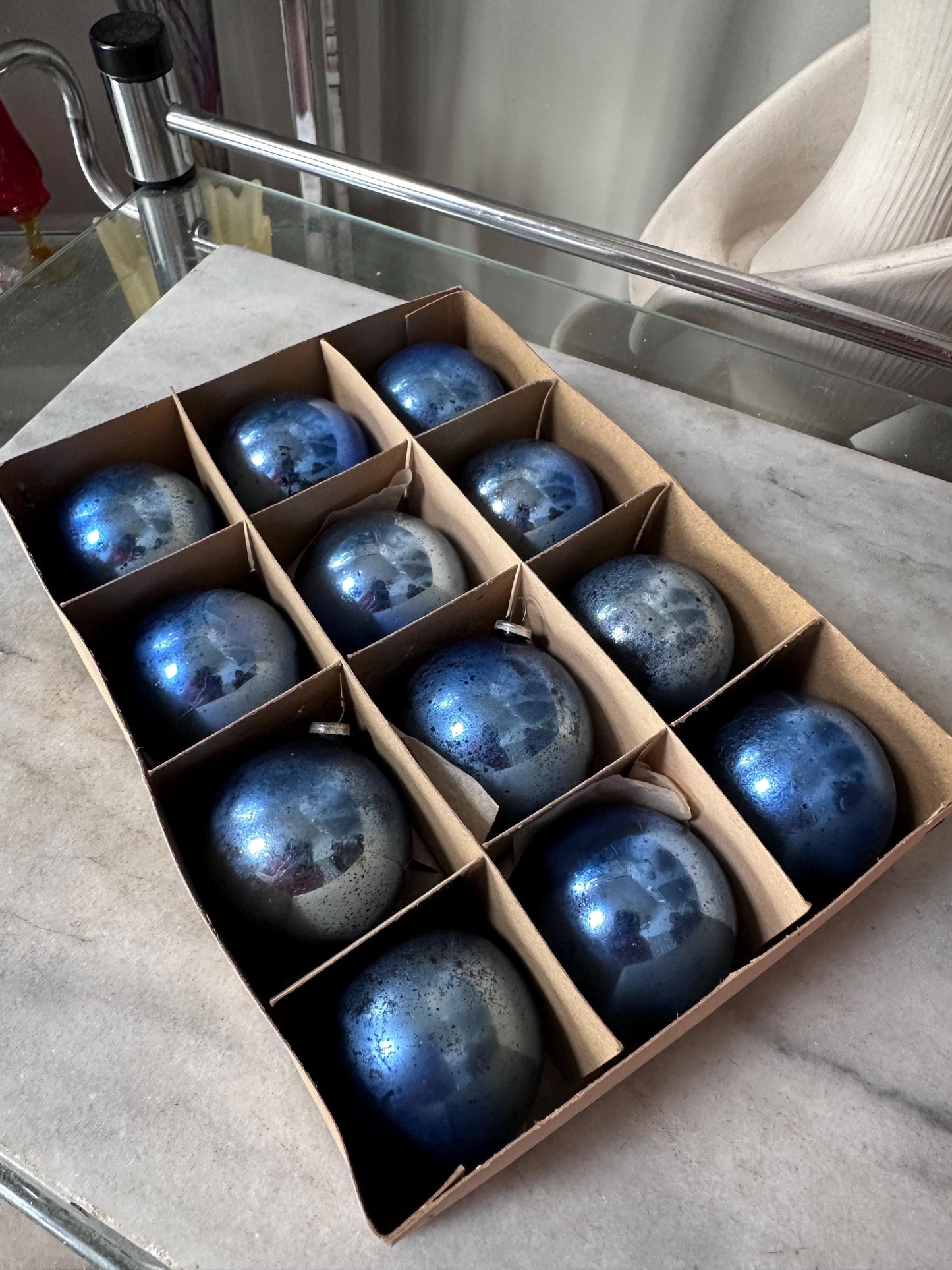 Vintage Blue Mercury Glass Christmas Ornaments – Set of 12 – Made in Japan – Original Box – 1.75” – Poinsettia Graphics – True Vintage Find