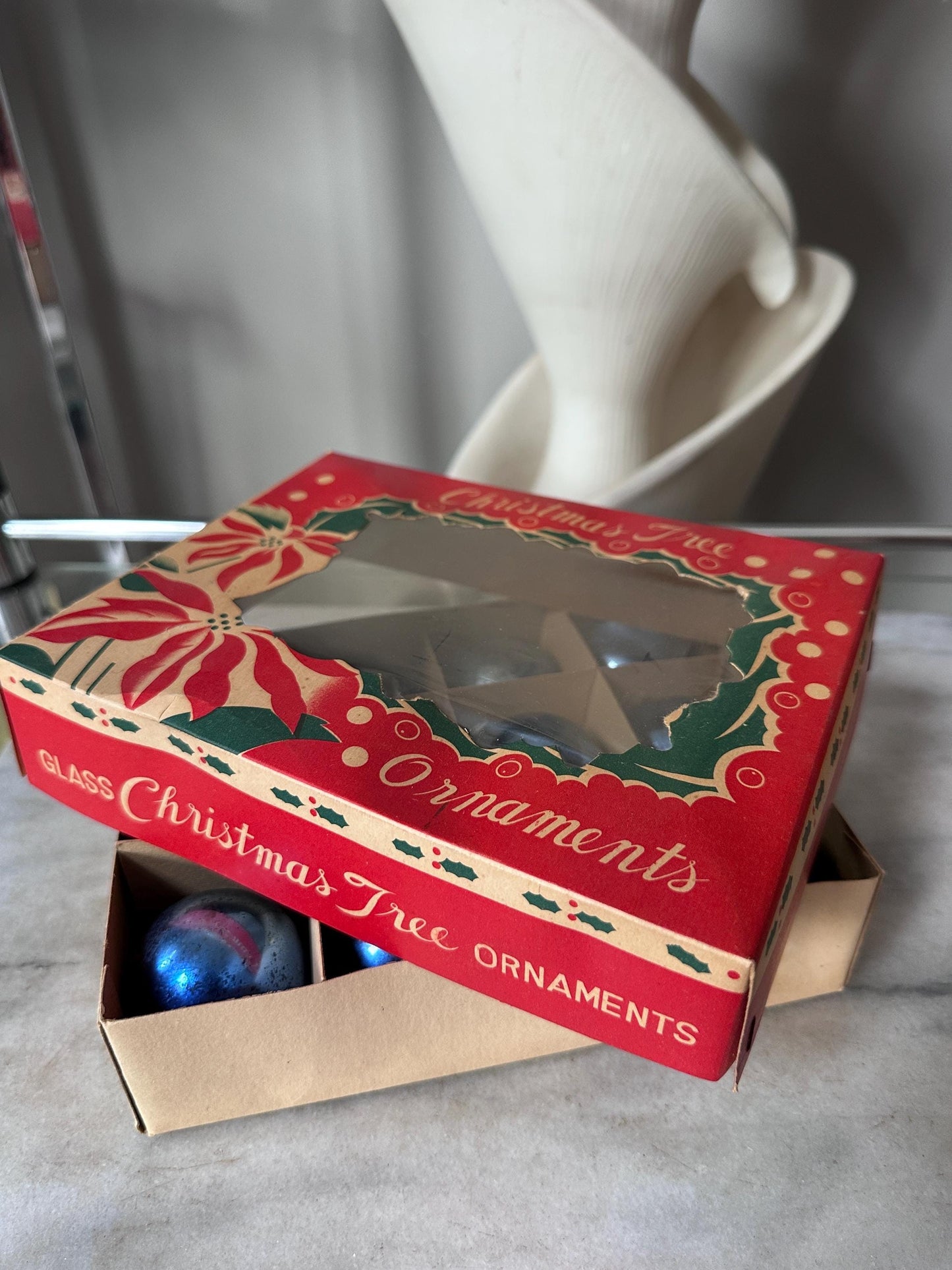 Vintage Blue Mercury Glass Christmas Ornaments – Set of 12 – Made in Japan – Original Box – 1.75” – Poinsettia Graphics – True Vintage Find