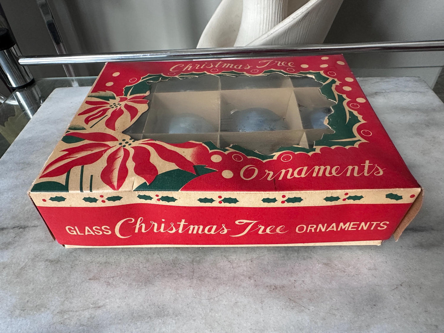 Vintage Blue Mercury Glass Christmas Ornaments – Set of 12 – Made in Japan – Original Box – 1.75” – Poinsettia Graphics – True Vintage Find