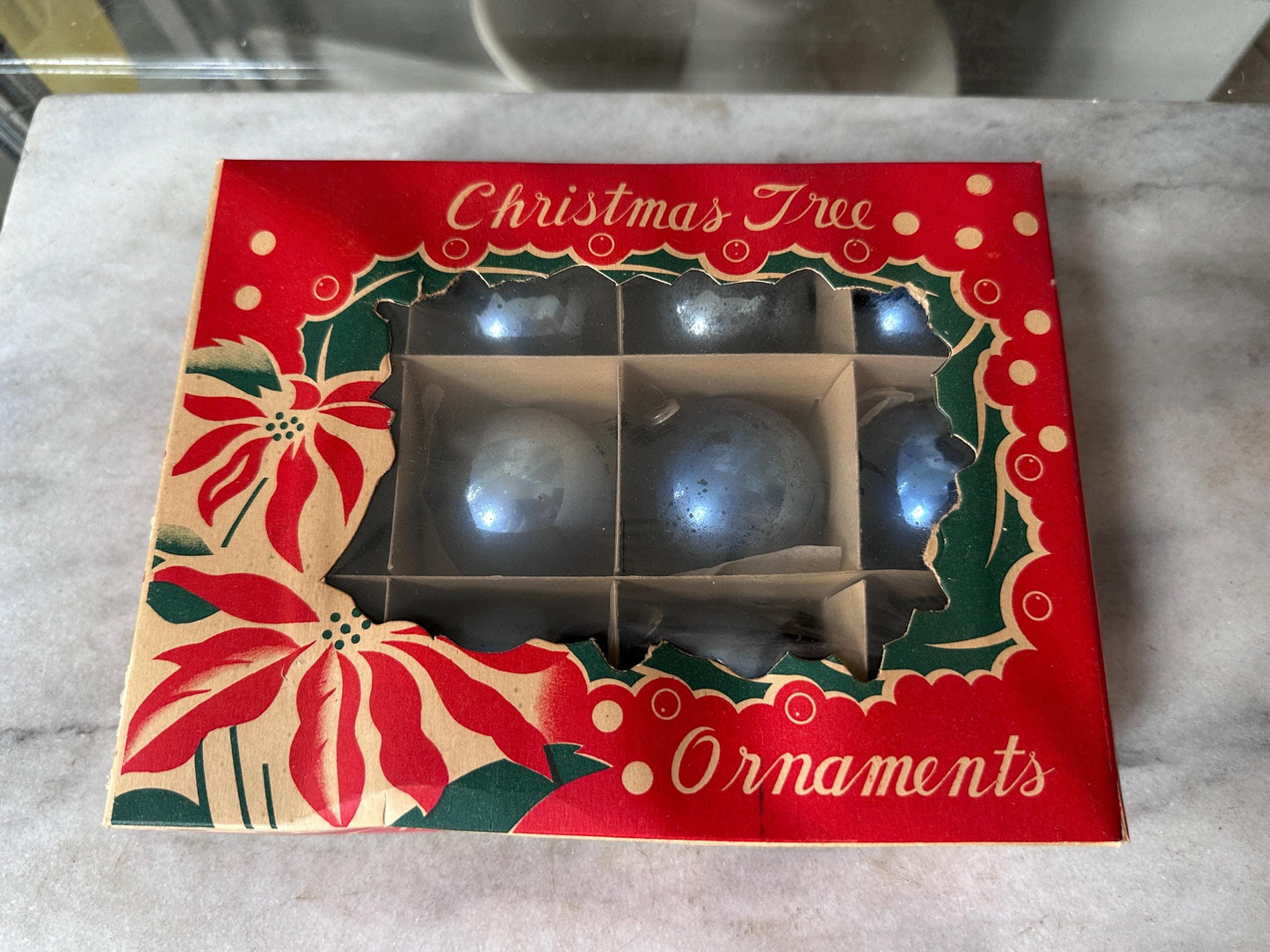 Vintage Blue Mercury Glass Christmas Ornaments – Set of 12 – Made in Japan – Original Box – 1.75” – Poinsettia Graphics – True Vintage Find