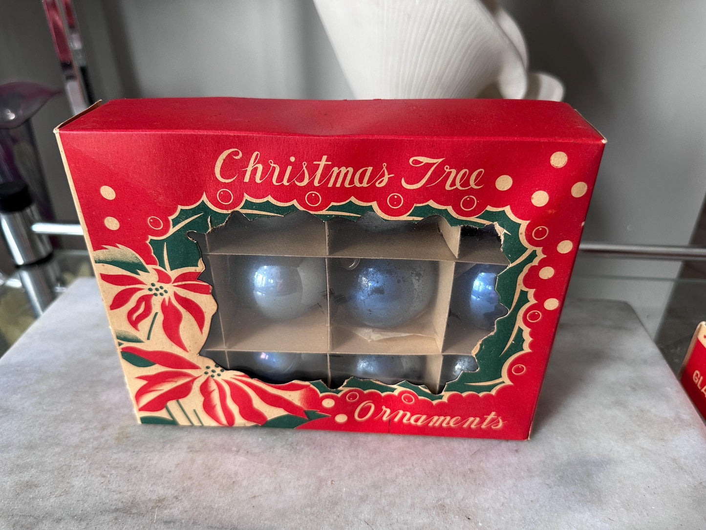 Vintage Blue Mercury Glass Christmas Ornaments – Set of 12 – Made in Japan – Original Box – 1.75” – Poinsettia Graphics – True Vintage Find