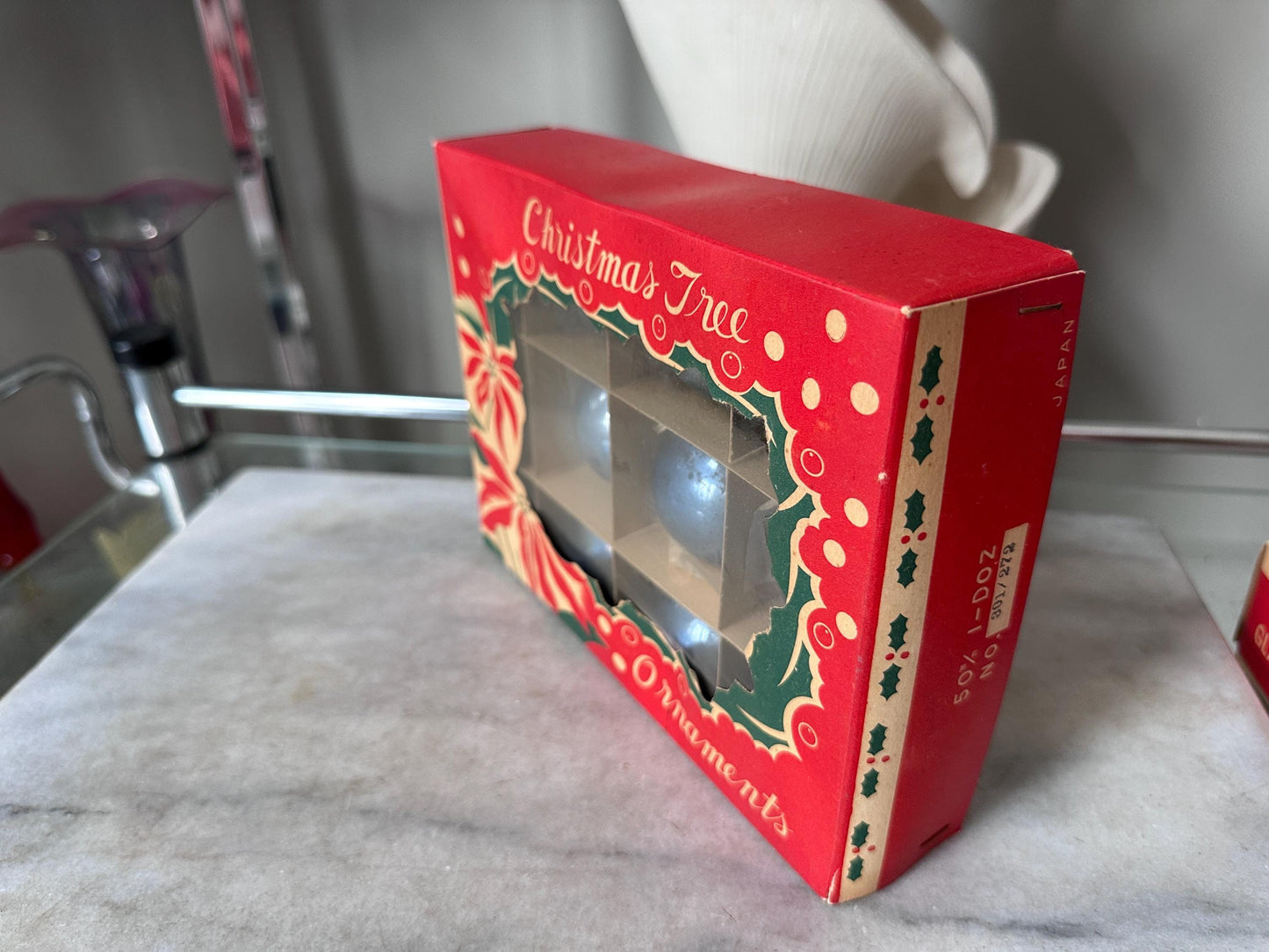 Vintage Blue Mercury Glass Christmas Ornaments – Set of 12 – Made in Japan – Original Box – 1.75” – Poinsettia Graphics – True Vintage Find