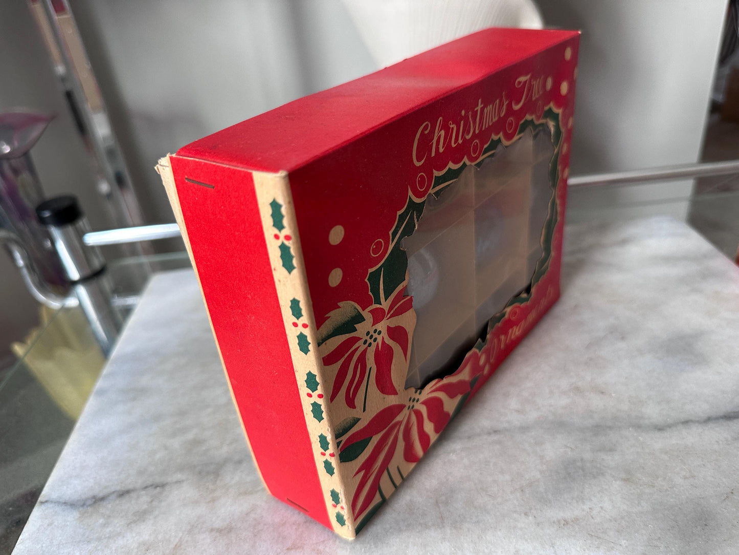 Vintage Blue Mercury Glass Christmas Ornaments – Set of 12 – Made in Japan – Original Box – 1.75” – Poinsettia Graphics – True Vintage Find
