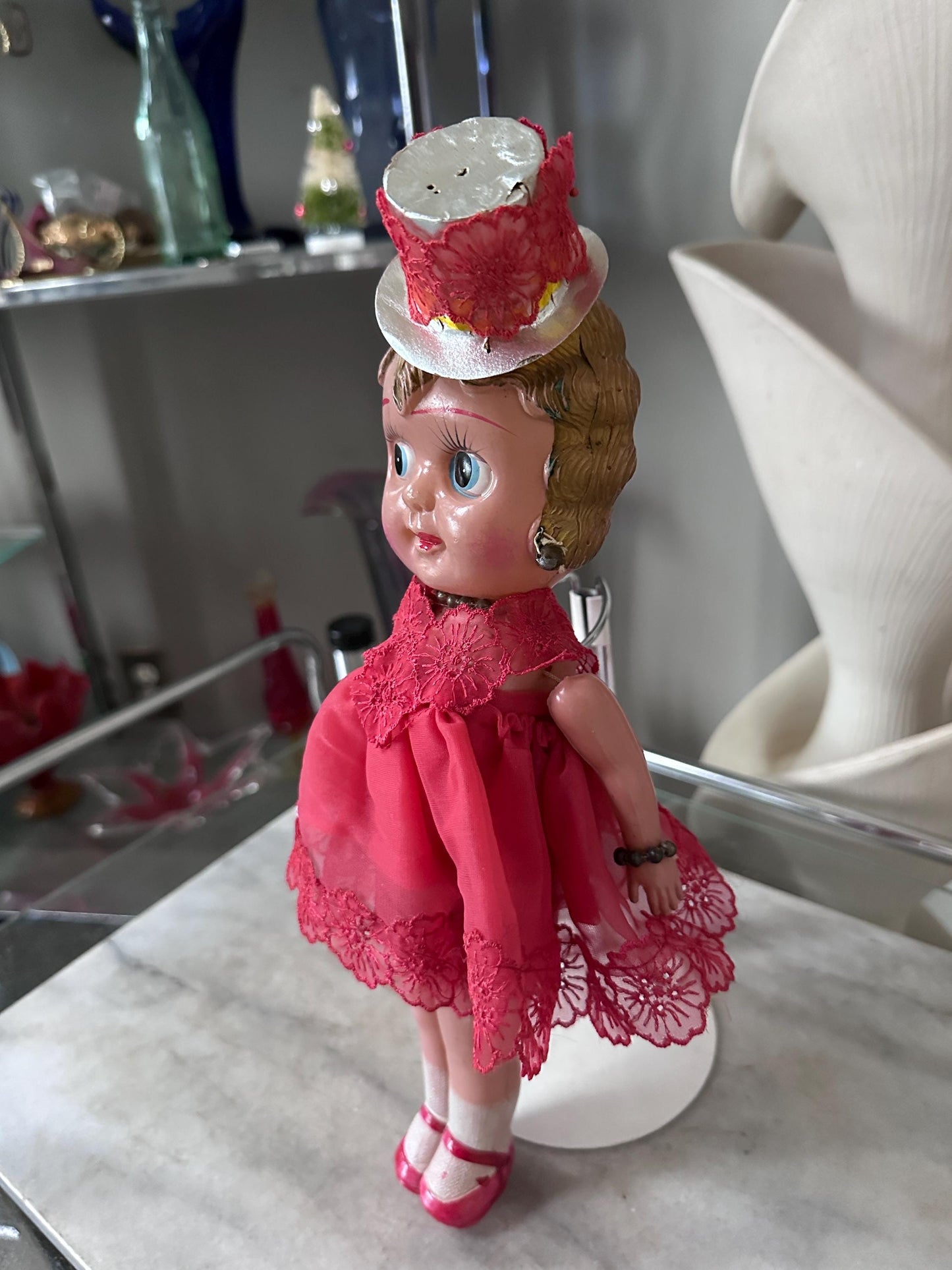Antique Celluloid Flapper Doll | 1930s Carnival Prize Doll | Hoochie Cochie Doll | Vintage Fairground Souvenir | 13” Tall Collectible