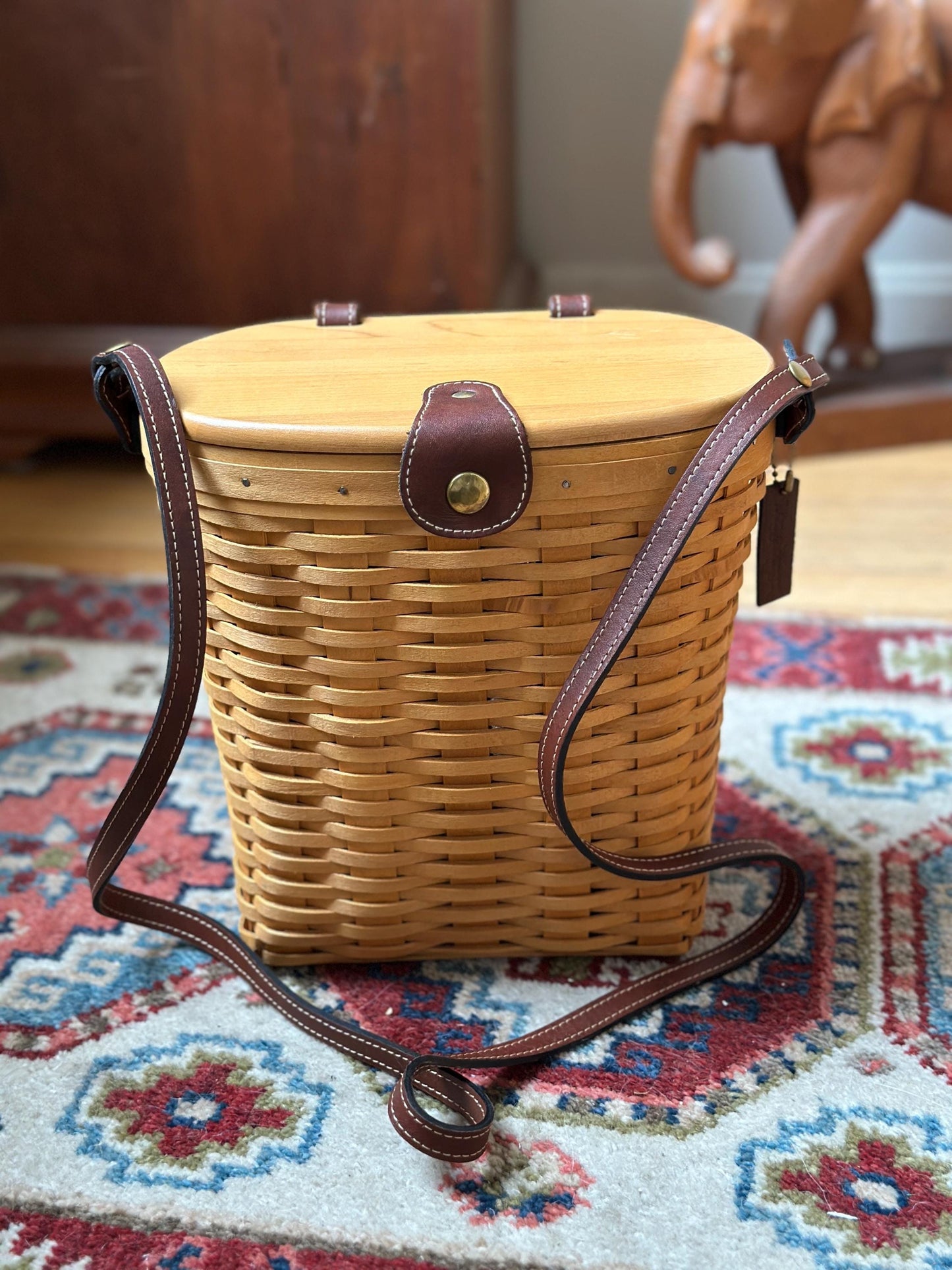 Longaberger 2000 Large Saddlebrook Purse Basket | Signed + Dated | Leather Strap + Hang Tag | Liner & Booklet Included | Collectible Basket