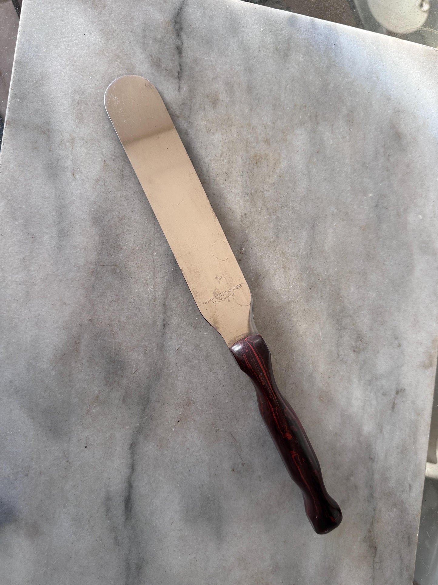 Vintage CUTCO 1028 Cake Knife | Made in USA | Classic Brown Woodgrain Handle | Stainless Steel Dessert & Serving Knife | Mid-Century Kitchen