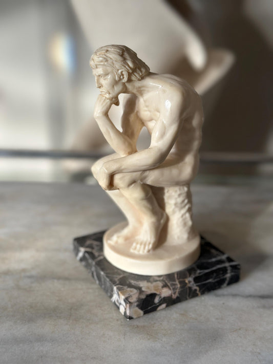 Vintage A. Santini “The Thinker” Sculpture – Male Nude Statue on Marble Base – Made in Italy – 7.75” Tall