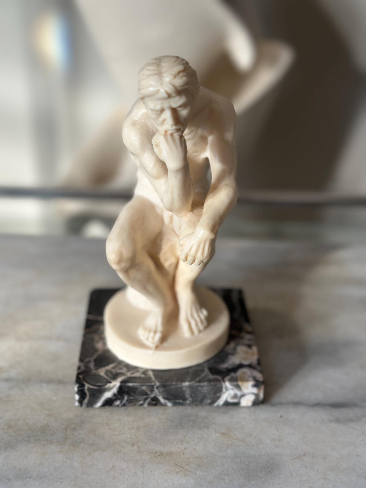 Vintage A. Santini “The Thinker” Sculpture – Male Nude Statue on Marble Base – Made in Italy – 7.75” Tall