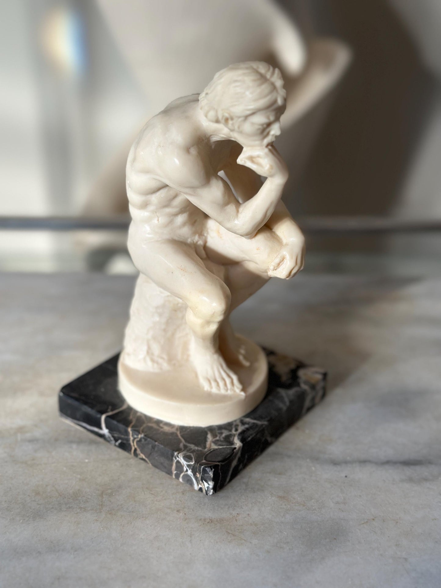 Vintage A. Santini “The Thinker” Sculpture – Male Nude Statue on Marble Base – Made in Italy – 7.75” Tall