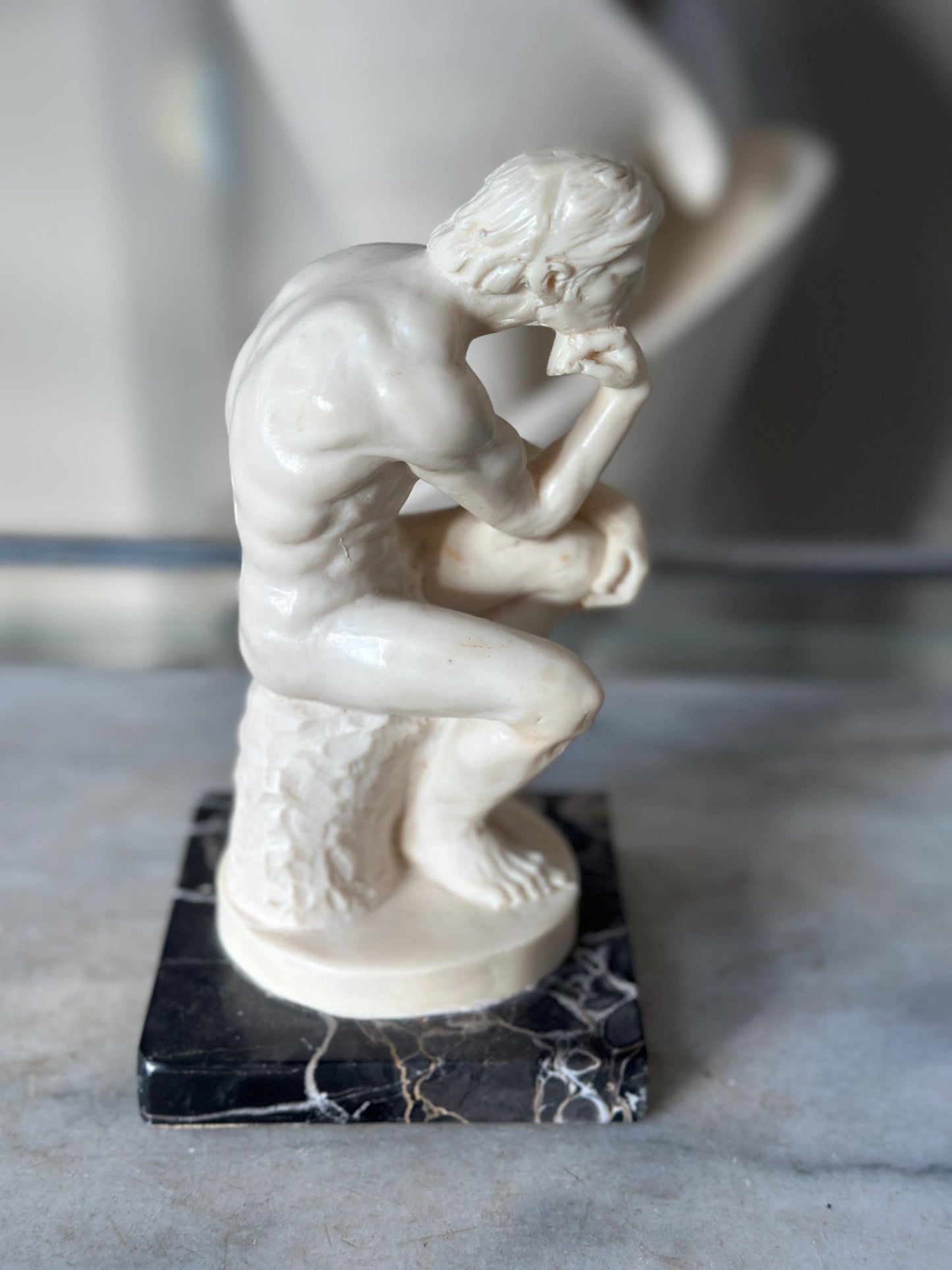 Vintage A. Santini “The Thinker” Sculpture – Male Nude Statue on Marble Base – Made in Italy – 7.75” Tall