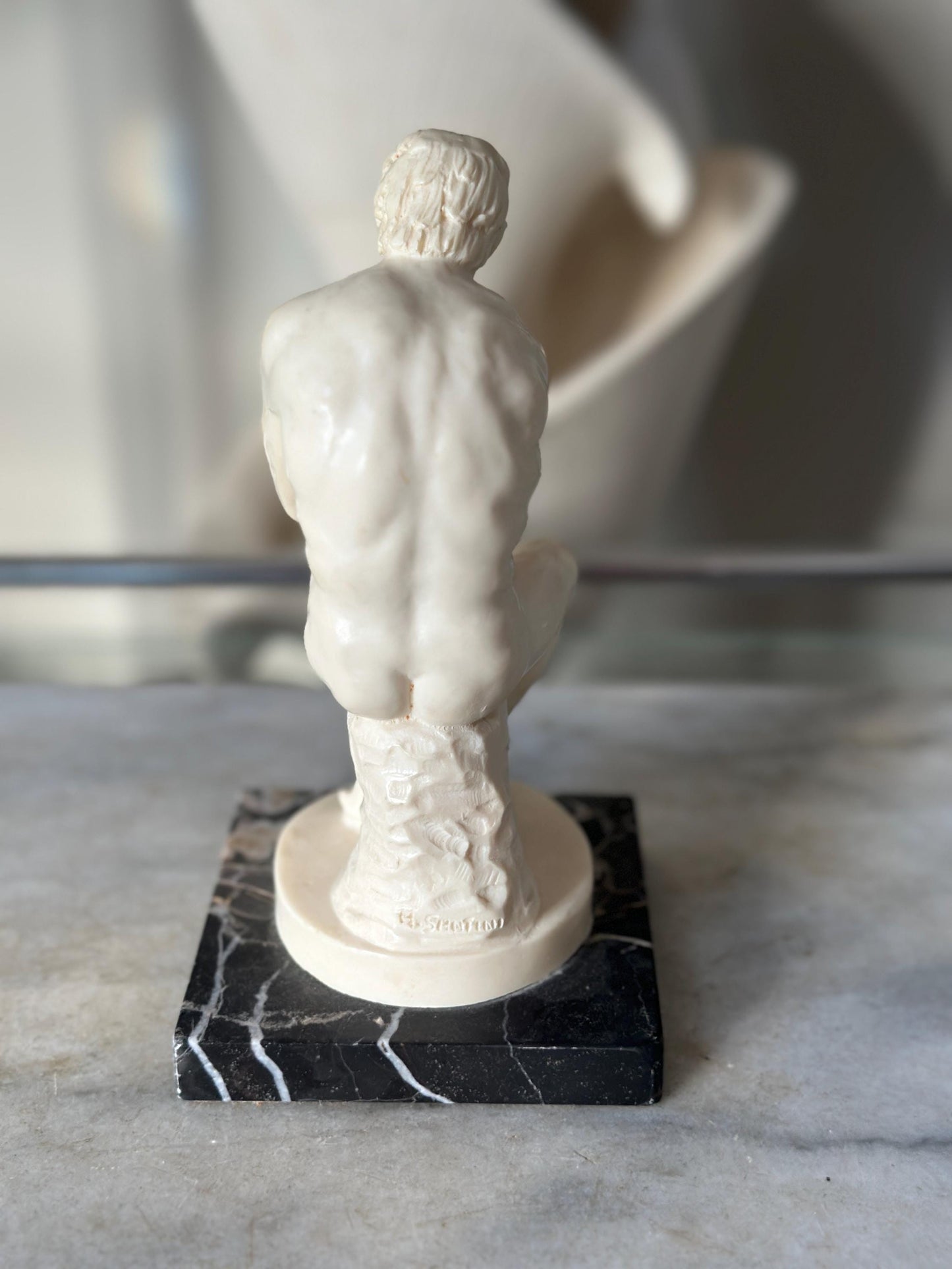 Vintage A. Santini “The Thinker” Sculpture – Male Nude Statue on Marble Base – Made in Italy – 7.75” Tall