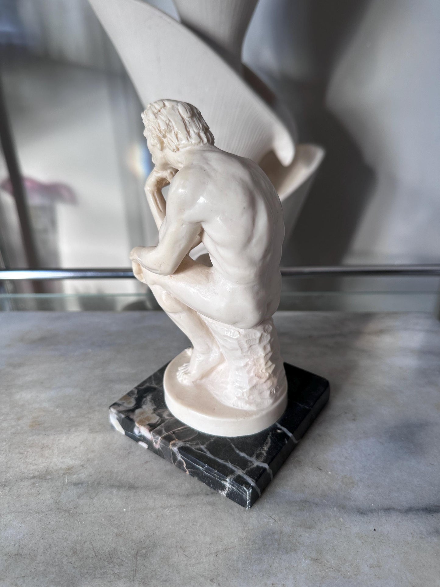 Vintage A. Santini “The Thinker” Sculpture – Male Nude Statue on Marble Base – Made in Italy – 7.75” Tall