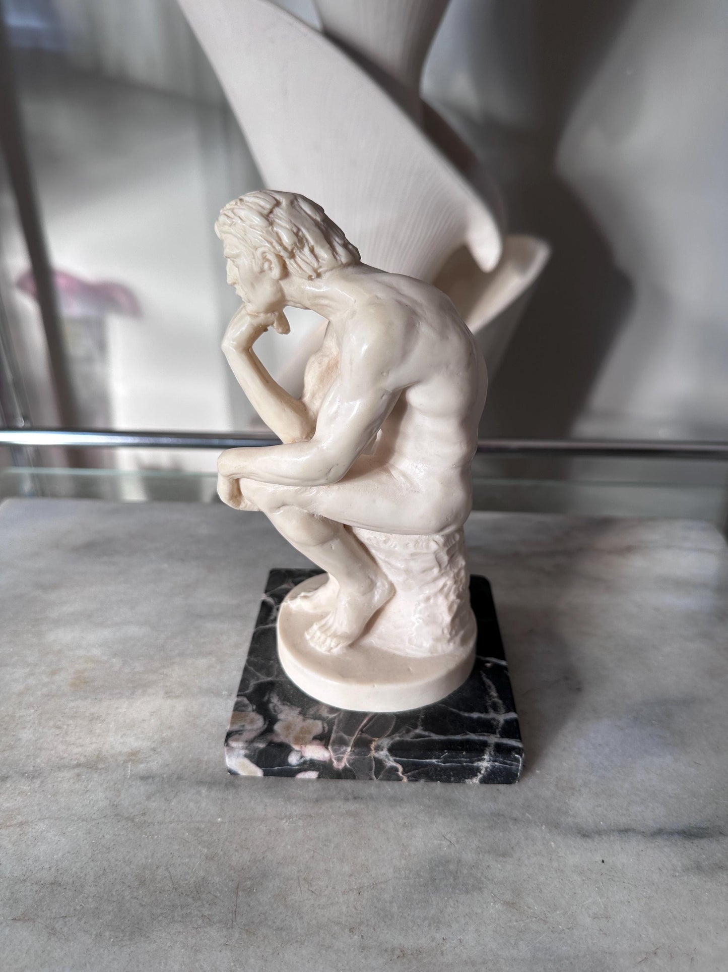 Vintage A. Santini “The Thinker” Sculpture – Male Nude Statue on Marble Base – Made in Italy – 7.75” Tall