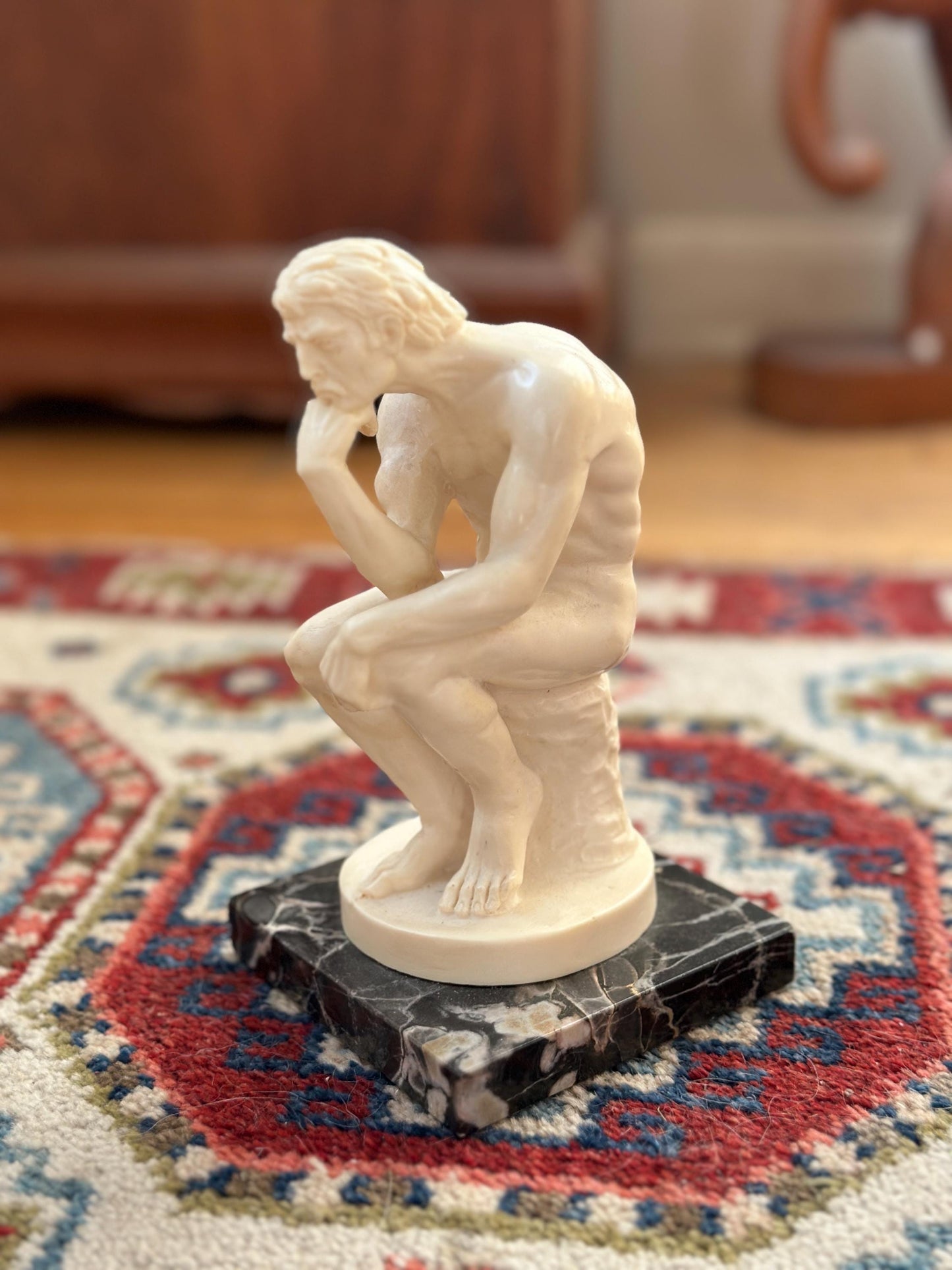 Vintage A. Santini “The Thinker” Sculpture – Male Nude Statue on Marble Base – Made in Italy – 7.75” Tall