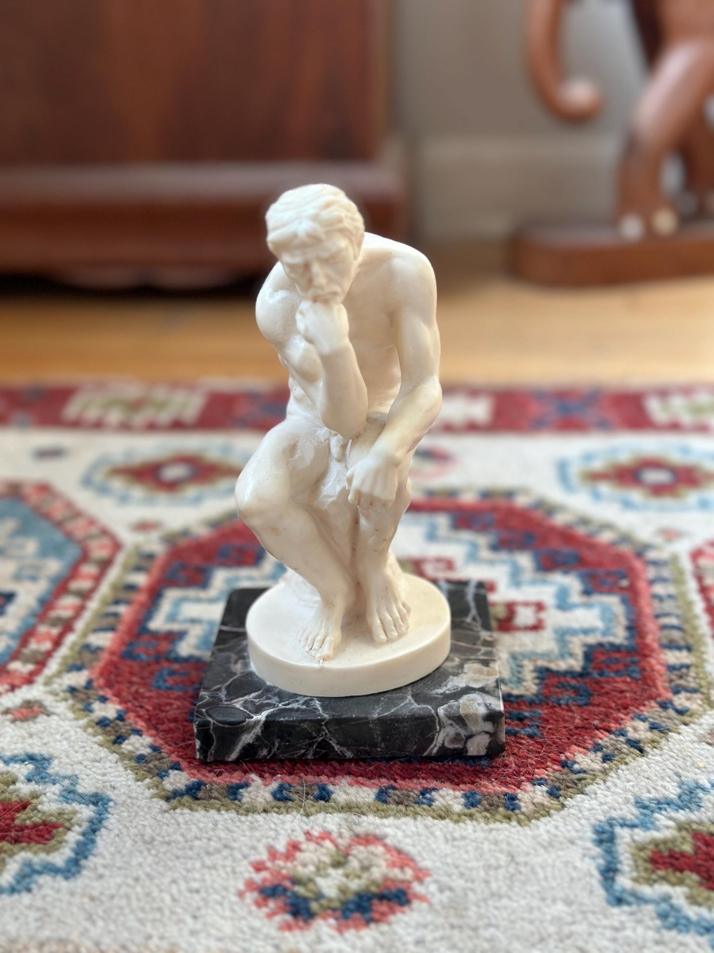 Vintage A. Santini “The Thinker” Sculpture – Male Nude Statue on Marble Base – Made in Italy – 7.75” Tall