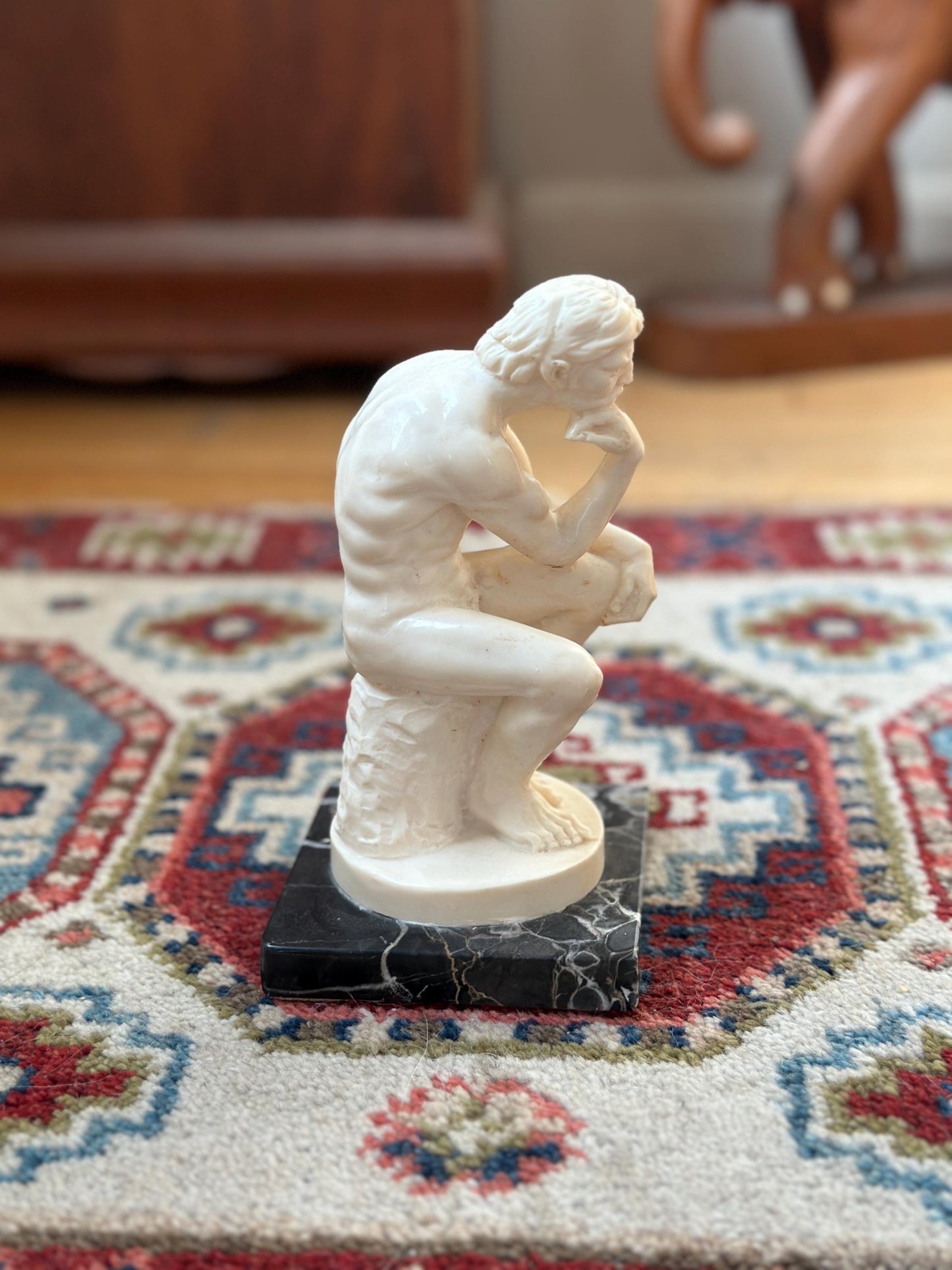 Vintage A. Santini “The Thinker” Sculpture – Male Nude Statue on Marble Base – Made in Italy – 7.75” Tall