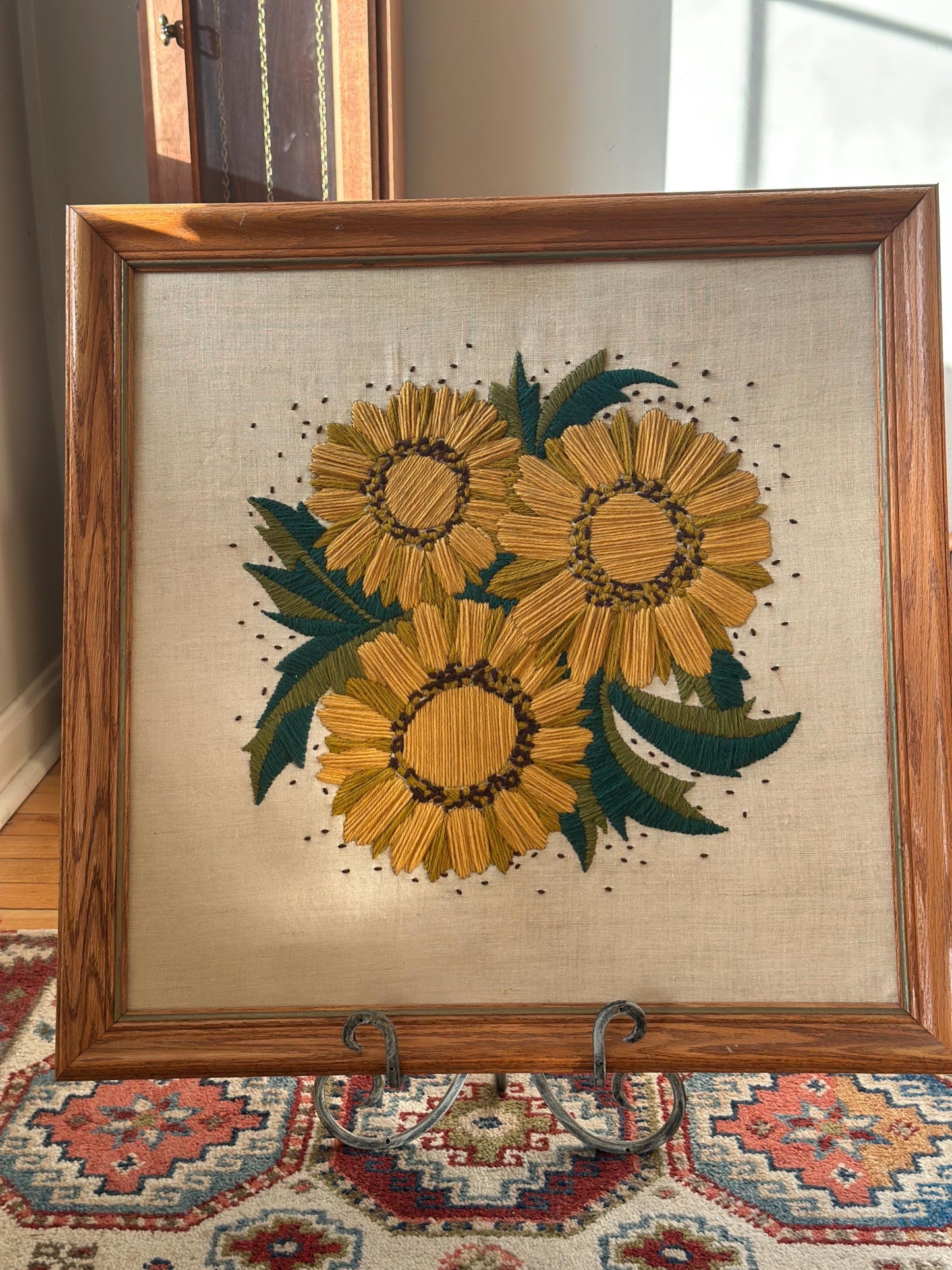 Vintage 1970s Yellow Floral Framed Crewel Wall Art | Daisy Bouquet Embroidery | Flower Power Botanical | Black Eyed Susan & Sunflower | 23.5