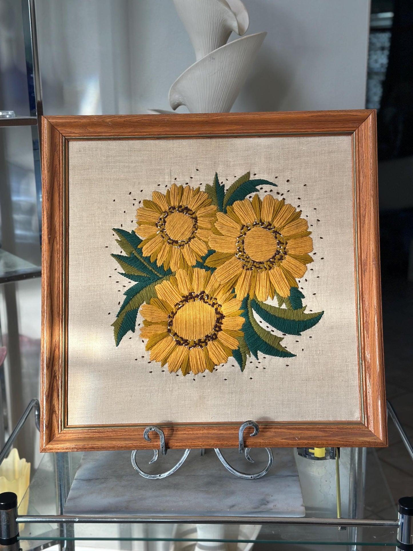 Vintage 1970s Yellow Floral Framed Crewel Wall Art | Daisy Bouquet Embroidery | Flower Power Botanical | Black Eyed Susan & Sunflower | 23.5