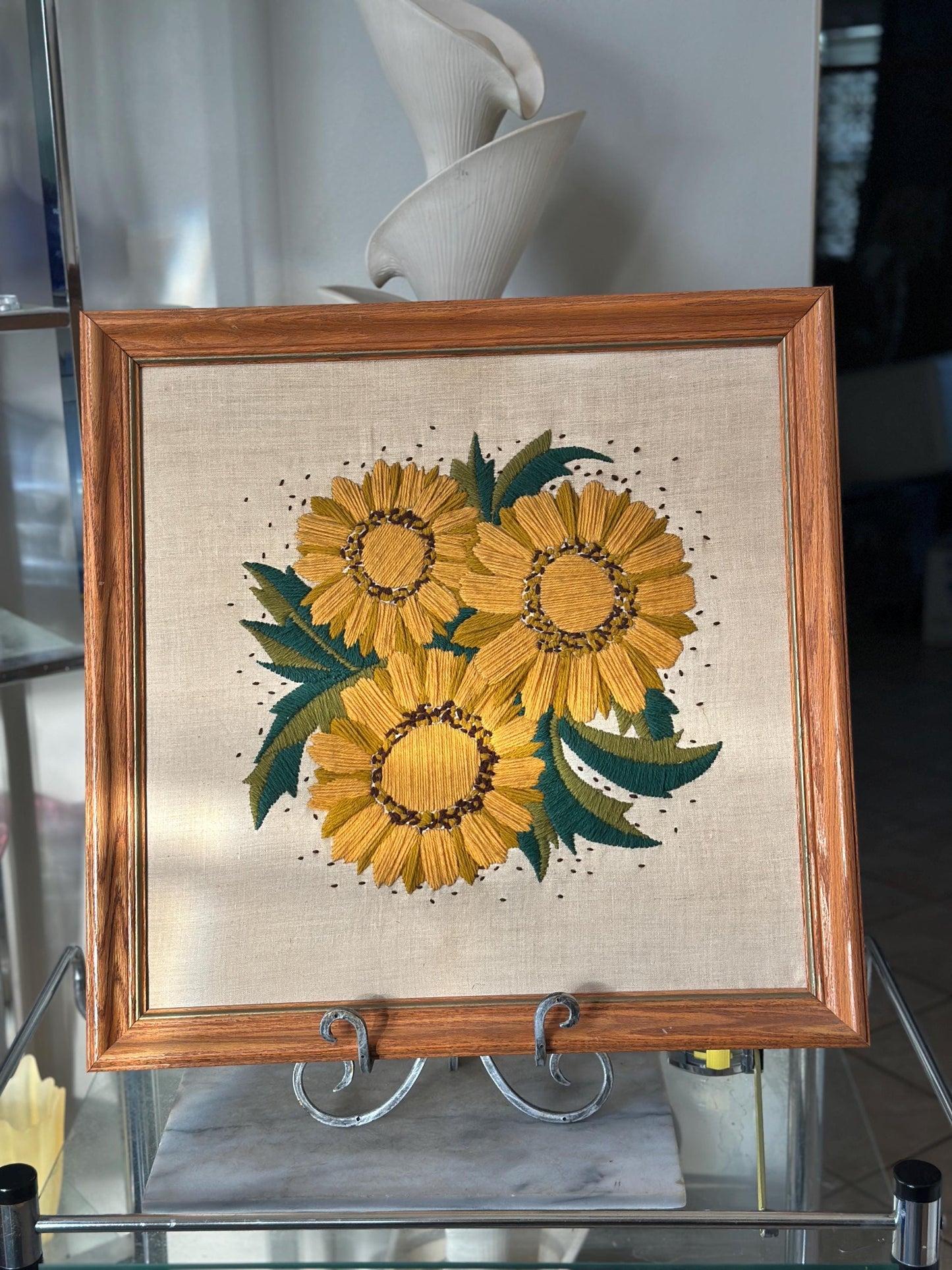 Vintage 1970s Yellow Floral Framed Crewel Wall Art | Daisy Bouquet Embroidery | Flower Power Botanical | Black Eyed Susan & Sunflower | 23.5
