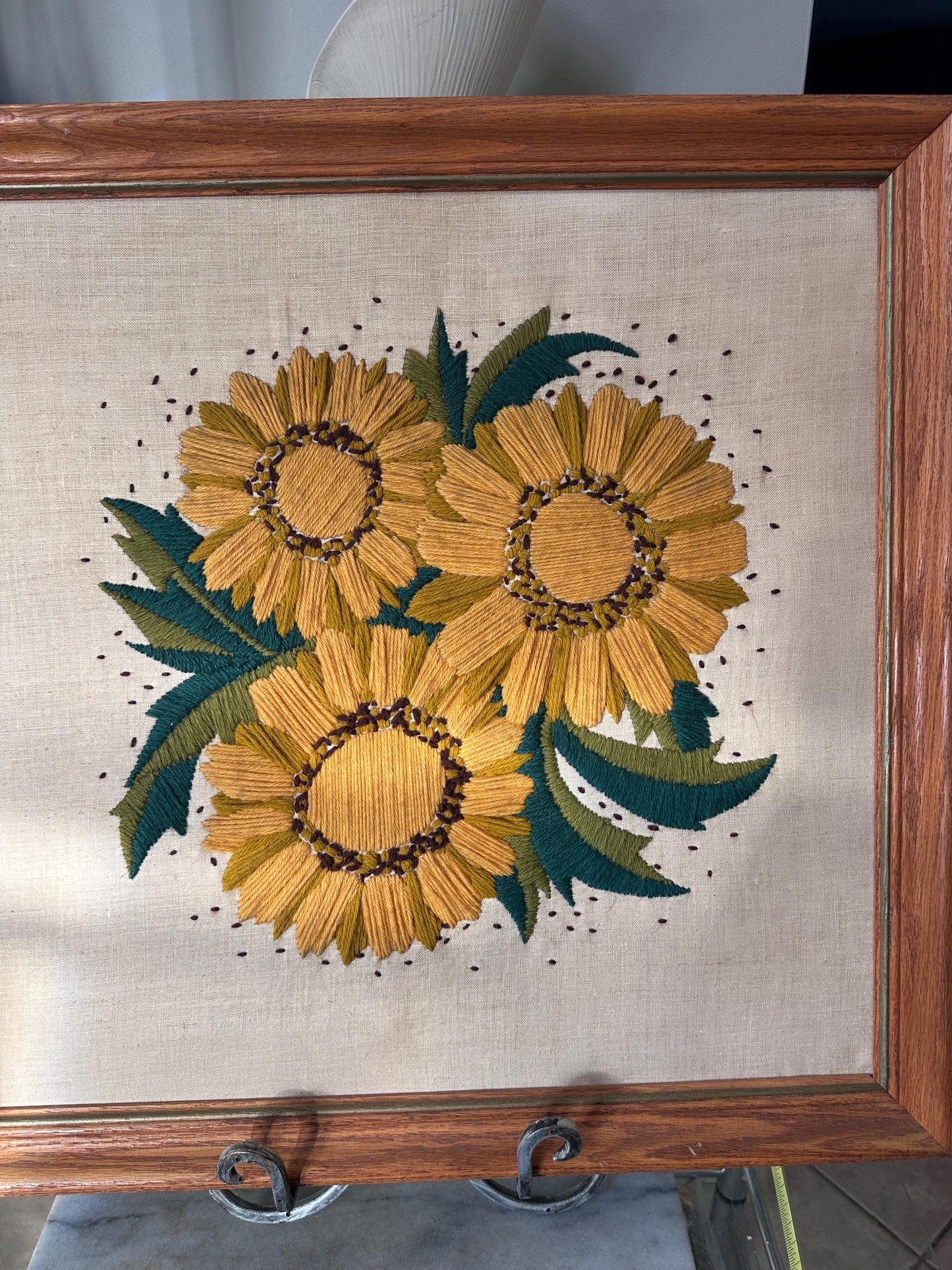 Vintage 1970s Yellow Floral Framed Crewel Wall Art | Daisy Bouquet Embroidery | Flower Power Botanical | Black Eyed Susan & Sunflower | 23.5