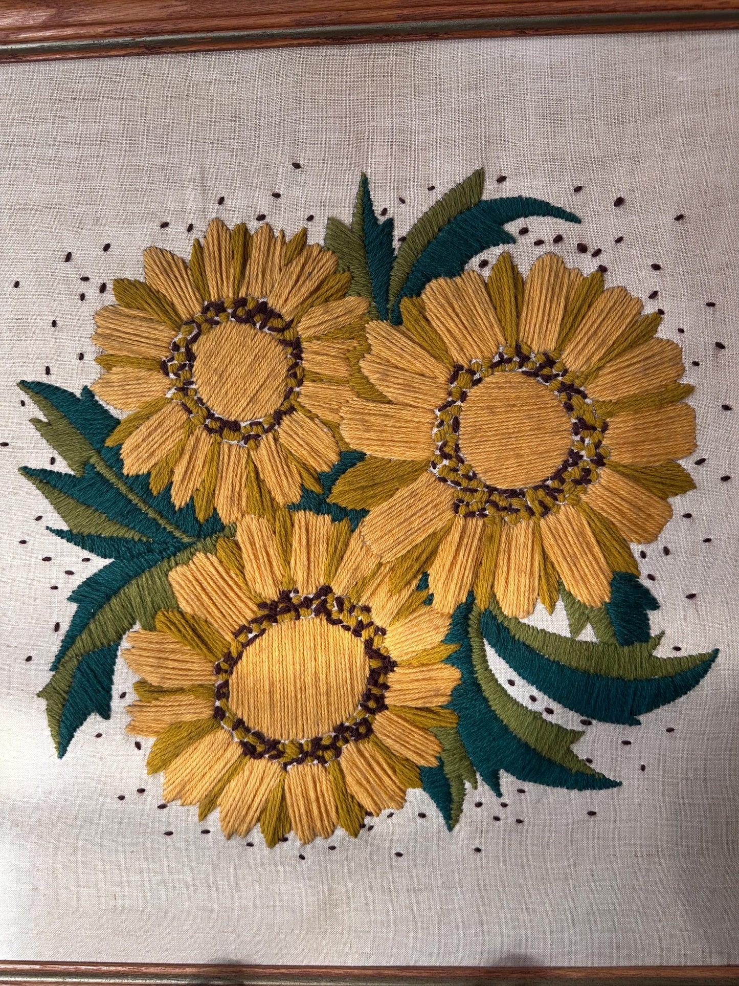 Vintage 1970s Yellow Floral Framed Crewel Wall Art | Daisy Bouquet Embroidery | Flower Power Botanical | Black Eyed Susan & Sunflower | 23.5