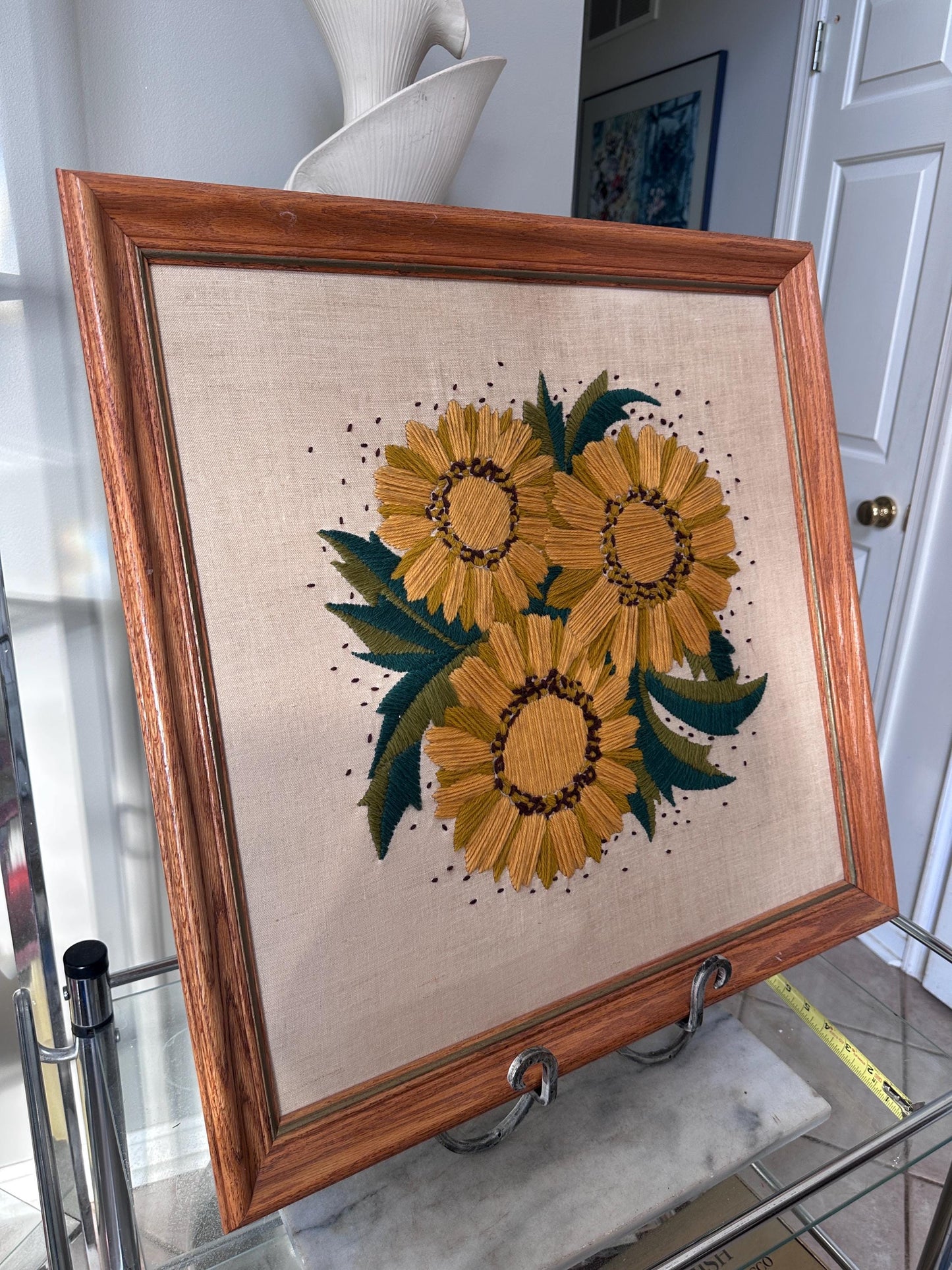 Vintage 1970s Yellow Floral Framed Crewel Wall Art | Daisy Bouquet Embroidery | Flower Power Botanical | Black Eyed Susan & Sunflower | 23.5