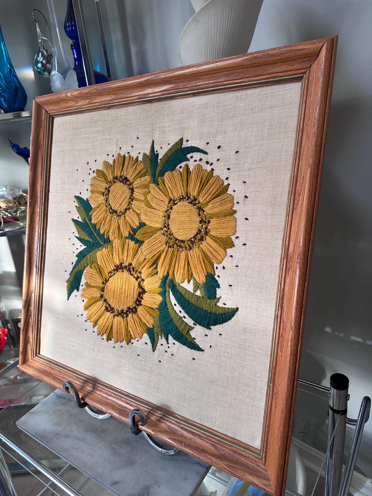 Vintage 1970s Yellow Floral Framed Crewel Wall Art | Daisy Bouquet Embroidery | Flower Power Botanical | Black Eyed Susan & Sunflower | 23.5