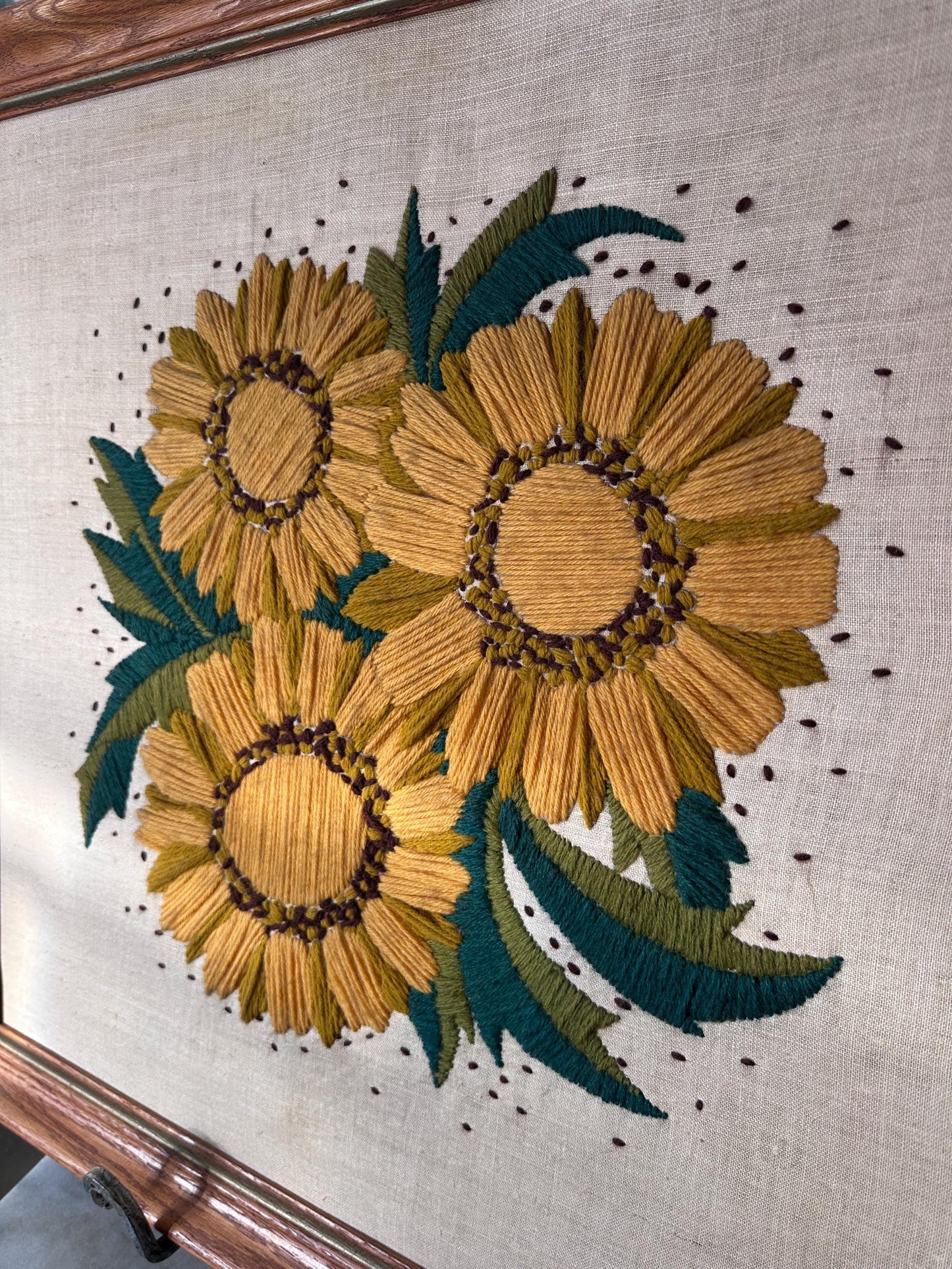 Vintage 1970s Yellow Floral Framed Crewel Wall Art | Daisy Bouquet Embroidery | Flower Power Botanical | Black Eyed Susan & Sunflower | 23.5